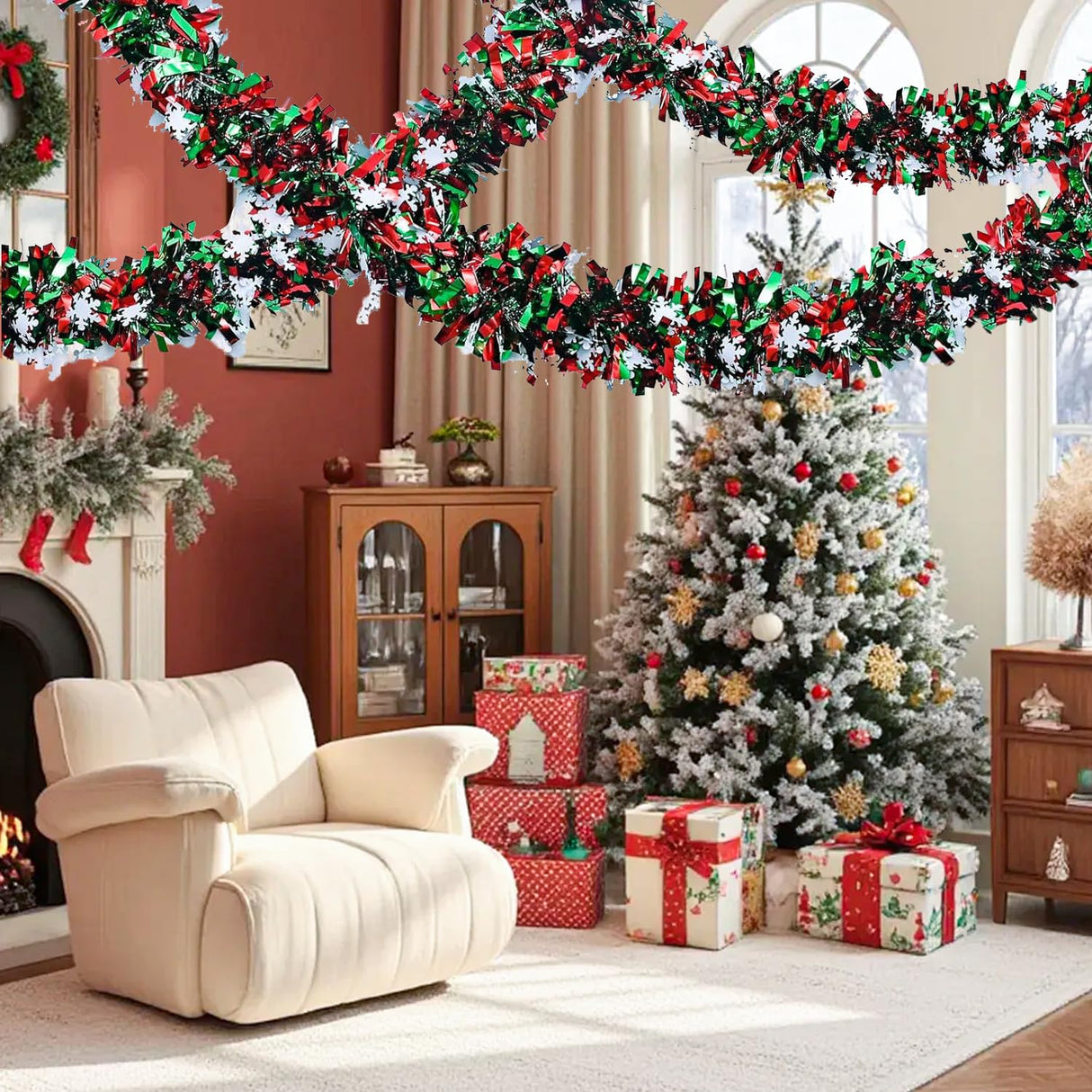 50 Feet Green Red Christmas Metallic Tinsel Twist Hanging Garland with Snowflake for Home Mantle Xmas Tree Staircase Railing New Year Holiday Party Indoor Outdoor Decorations CUADRNX