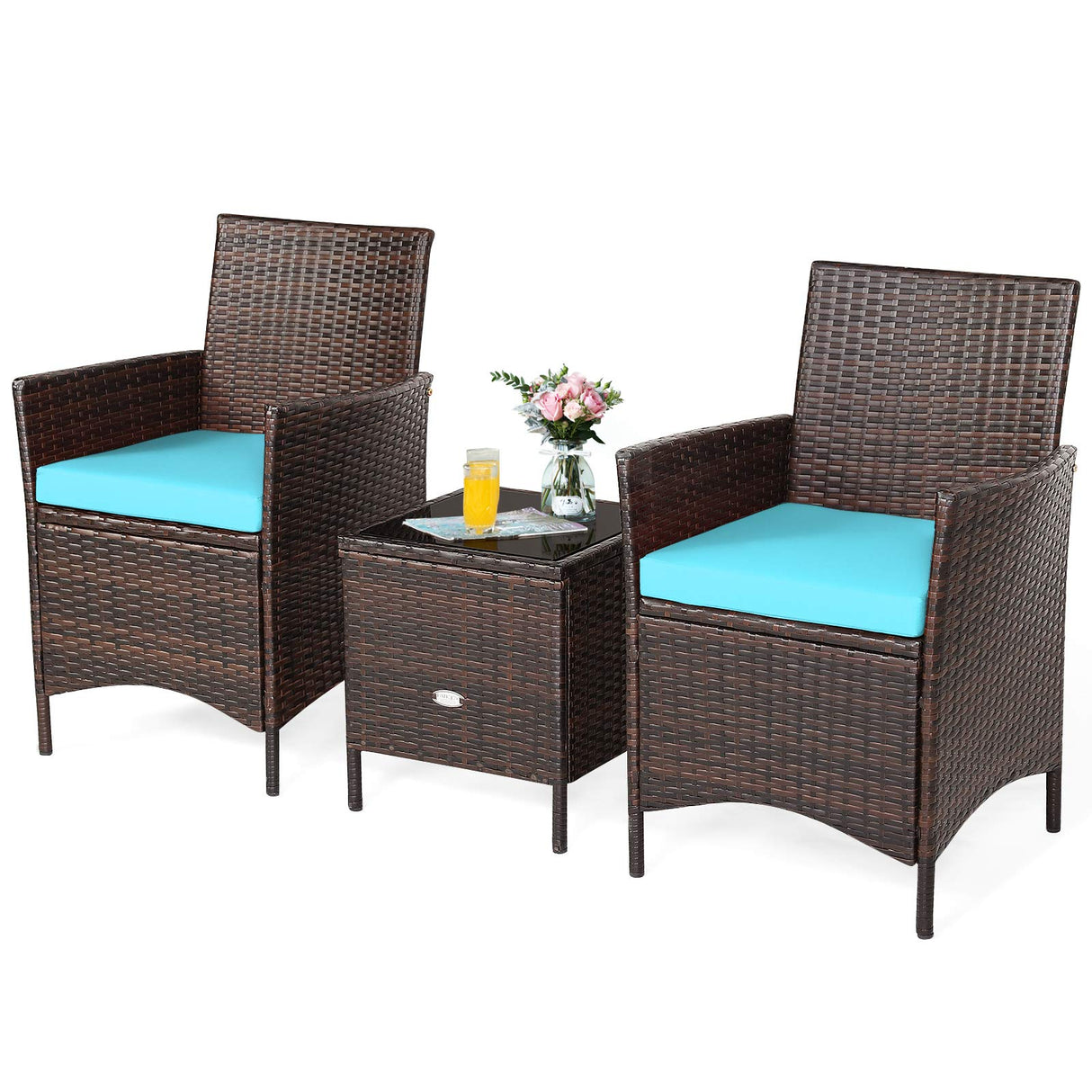 COSTWAY 3 Pieces Patio Rattan Furniture Set, Outdoor Wicker Cushioned Sofa with Tempered Glass Tabletop, Rattan Conversation Set for Porch Yard Balcony Backyard Pool, Turquoise COSTWAY