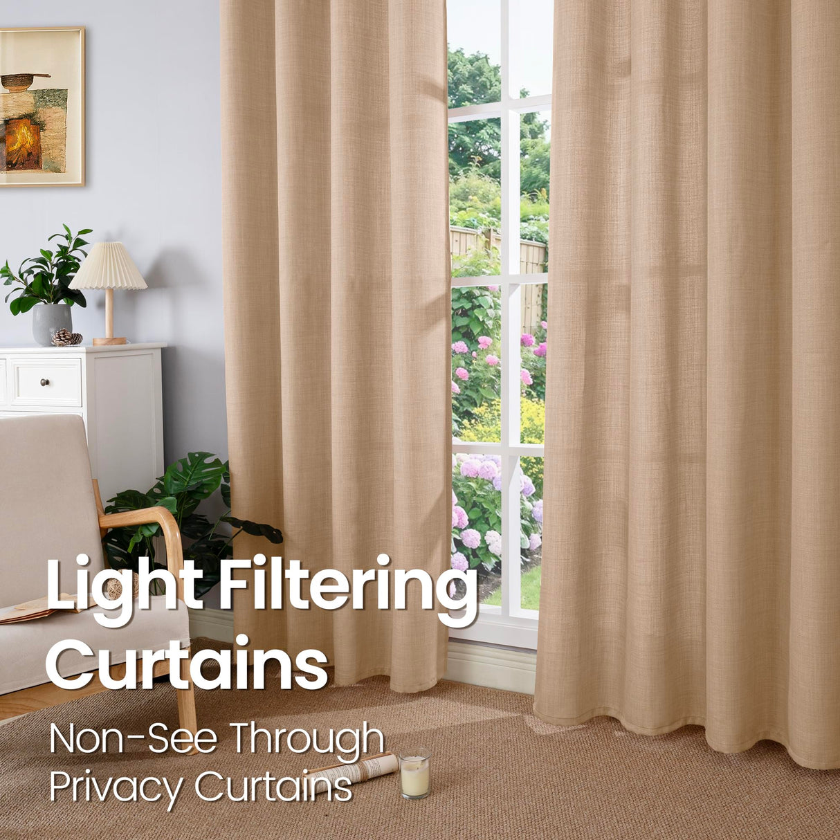 BGment Tan Curtains 84 Inch for Living Room - Light Filtering Faux Linen Look with Burlap Texture, Rustic Farmhouse Window Panels (Set of 2, 52" Wide) BGment