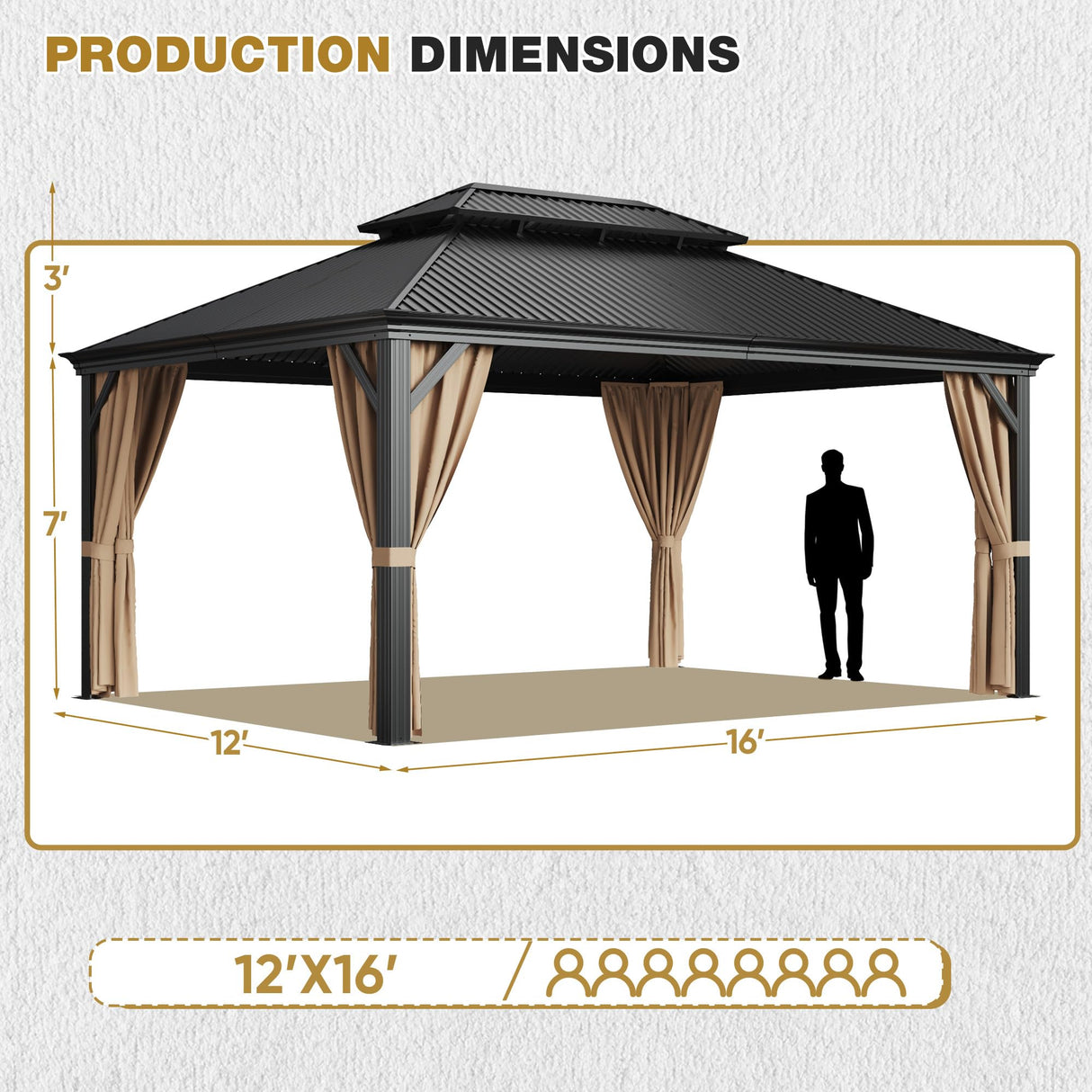 Devoko Outdoor Hardtop Gazebo Galvanized Steel Metal Gazebo Aluminum Frame Double Roof Outdoor Gazebo with Nettings and Curtains for Patios, Garden (12' x16' FT) Devoko