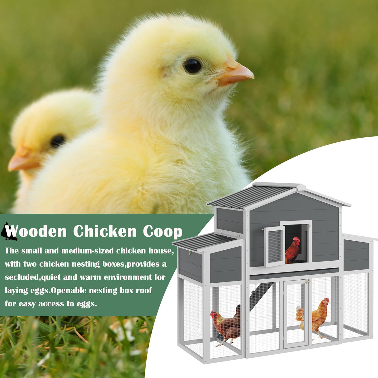Wooden Chicken Coop for 2-6 Chickens, Outdoor Chicken House with Run & 2 Nest Boxes, Outside Hen House Poultry House Pet Hutch Chicken Cage with Waterproof Roof & Ramp, (66''LX32''WX53''H) Sunnibety