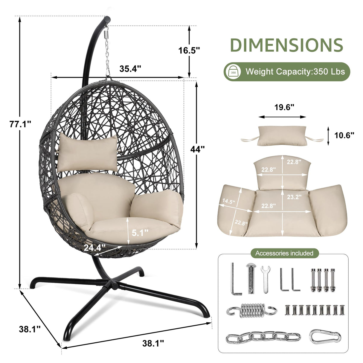 NICESOUL Oversized Patio Swing Egg Chair, Cozy Bird Cage Hanging Basket Chairs with Stand, Indoor Outdoor Large Rattan Swinging Chair, 450 lbs Sturdy Egg-Shape Padded Seat for Balcony Outside, Beige NICESOUL