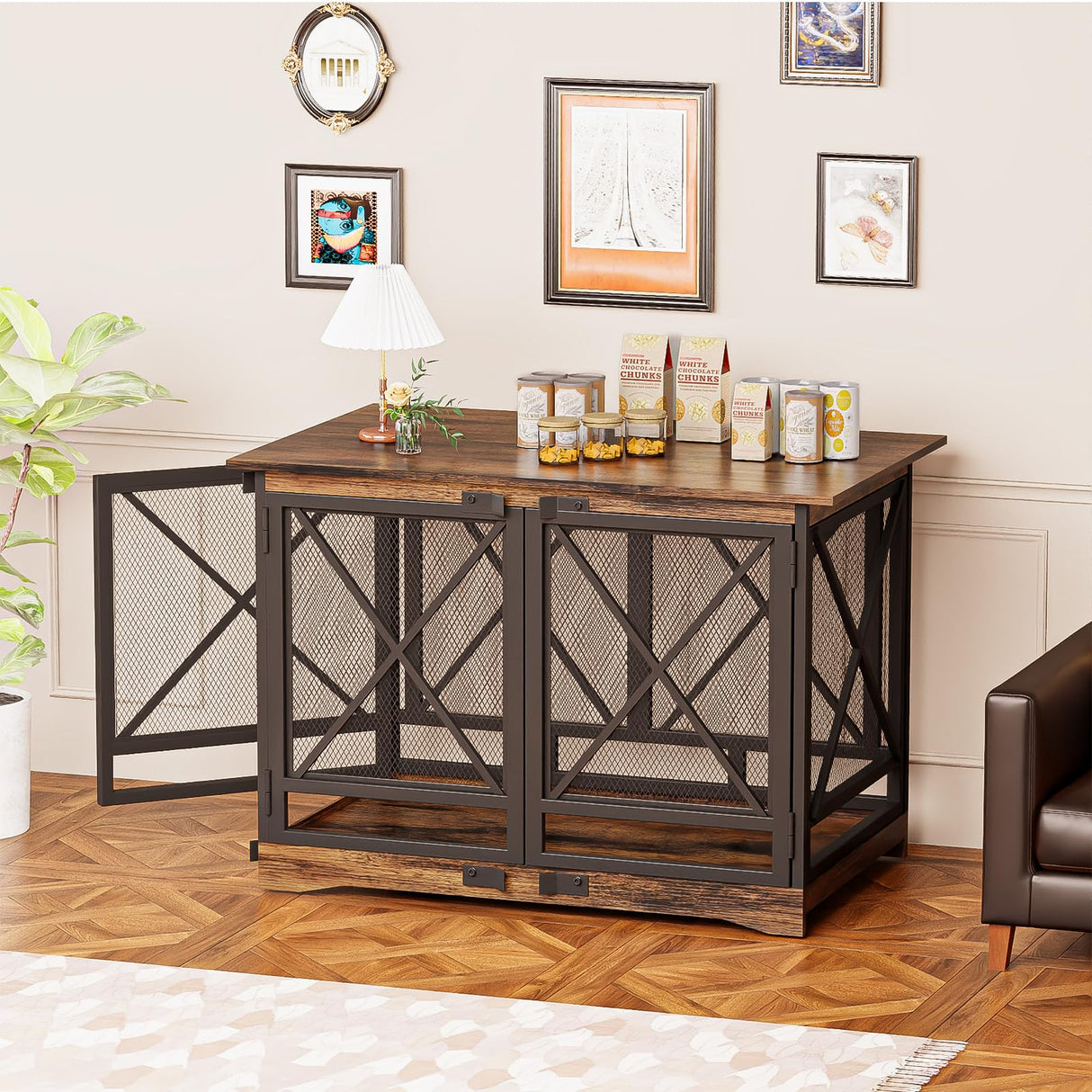 COZPAW Large Dog Crate Furniture - 48 inch Heavy Duty Dog Kennel Indoor for XLarge Breed with Double Doors, Wooden Dog Cage XL Modern Decorative End Table Pet House (Brown) COZPAW