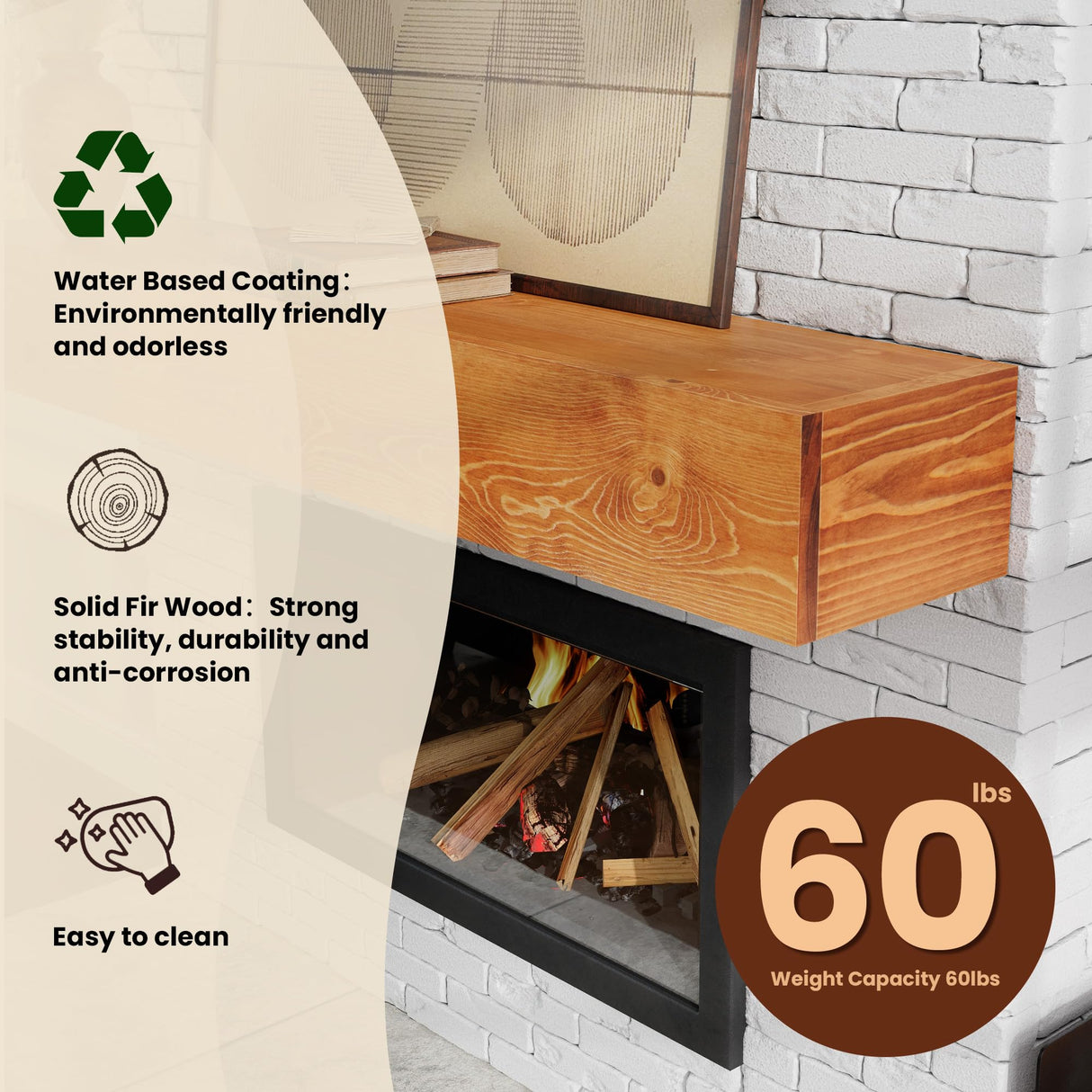 COSHOMER Fireplace Mantel - Floating Mantel Shelf, Wood Mantels for Over Fireplace, Wall-Mounted Mantels, Weight Capacity 60lbs, 72 X 9 X 6 inch, Oak COSHOMER