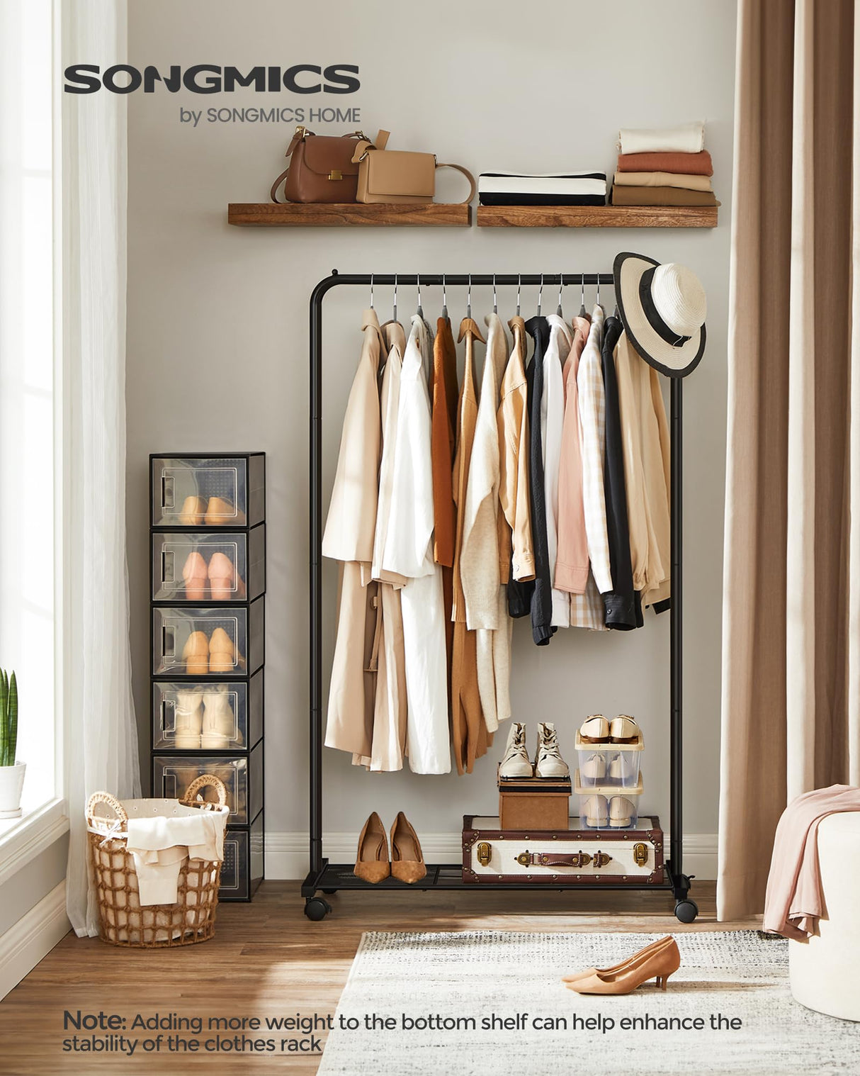 SONGMICS Clothes Rack with Wheels, Clothing Rack for Hanging Clothes, 25.4 mm Metal Garment Rack with Dense Mesh Storage Shelf, 110 lb Load Capacity, 2 Brakes, Black UHSR25BK SONGMICS