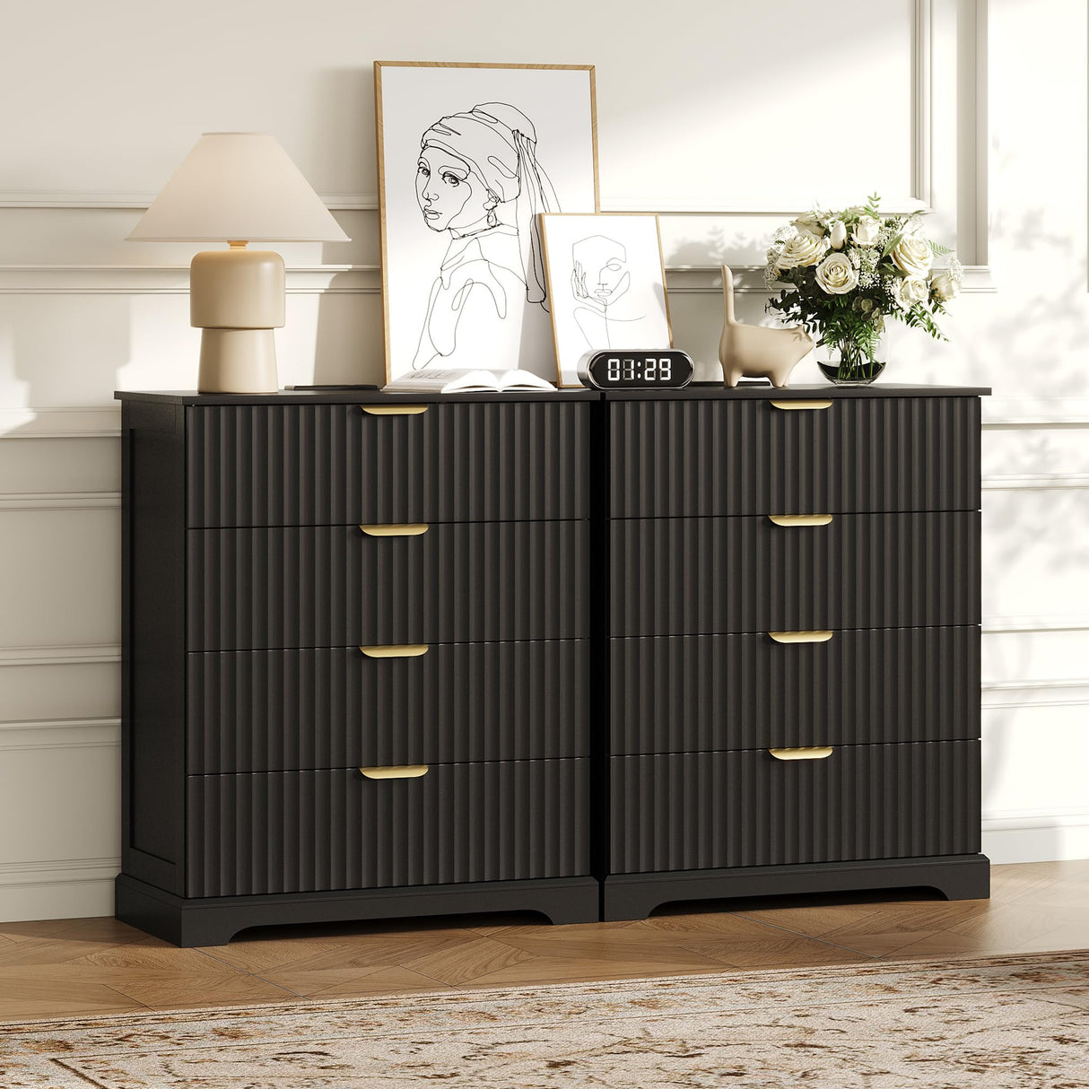 ProsperHaven Fluted Dresser with 4 Drawers for Bedroom, 36.6" Tall Dresser with Charging Station, Wooden Chest of Drawers for Bedroom, Living Room, Entryway, Black ProsperHaven