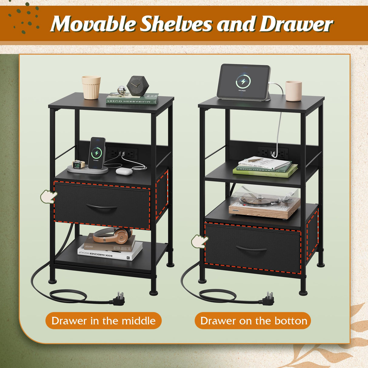 WLIVE Night Stand with Charging Station, LED Nightstand with Adjustable Fabric Drawer, 3-Tier Storage Bedside Table, Small End Side Tables for Bedroom, Black WLIVE