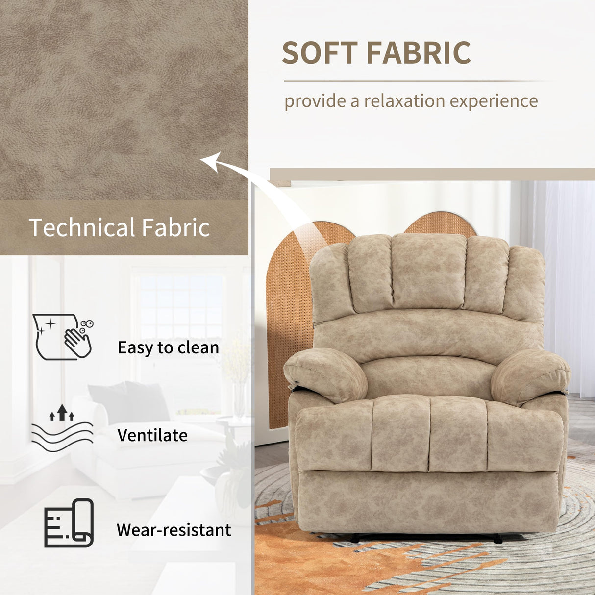 Luxlen Large Manual Recliner Chair,Soft Fabric Push Back Recliner with Overstuffed Armrest and Backrest, Living Room Single Sofa Recliners,Beige Luxlen