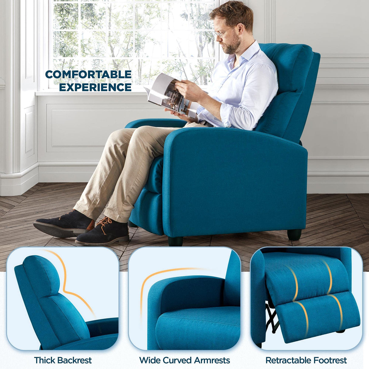 Topeakmart Fabric Recliner Sofa Push Back Recliner Chair Adjustable Modern Single Reclining Chair Upholstered Sofa with Pocket Spring Living Room Bedroom Home Theater Blue Topeakmart