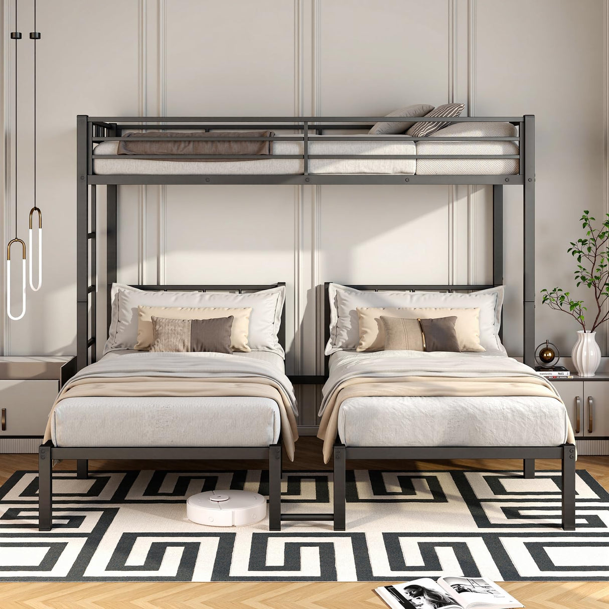 HKOLIE Heavy Duty Triple Bunk Bed for 3, Twin Over Twin Over Twins with Guardrails and Ladder, Metal Bunk Bed, 3 Bed Teens and Adults, No Box Spring Needed (Black) HKOLIE