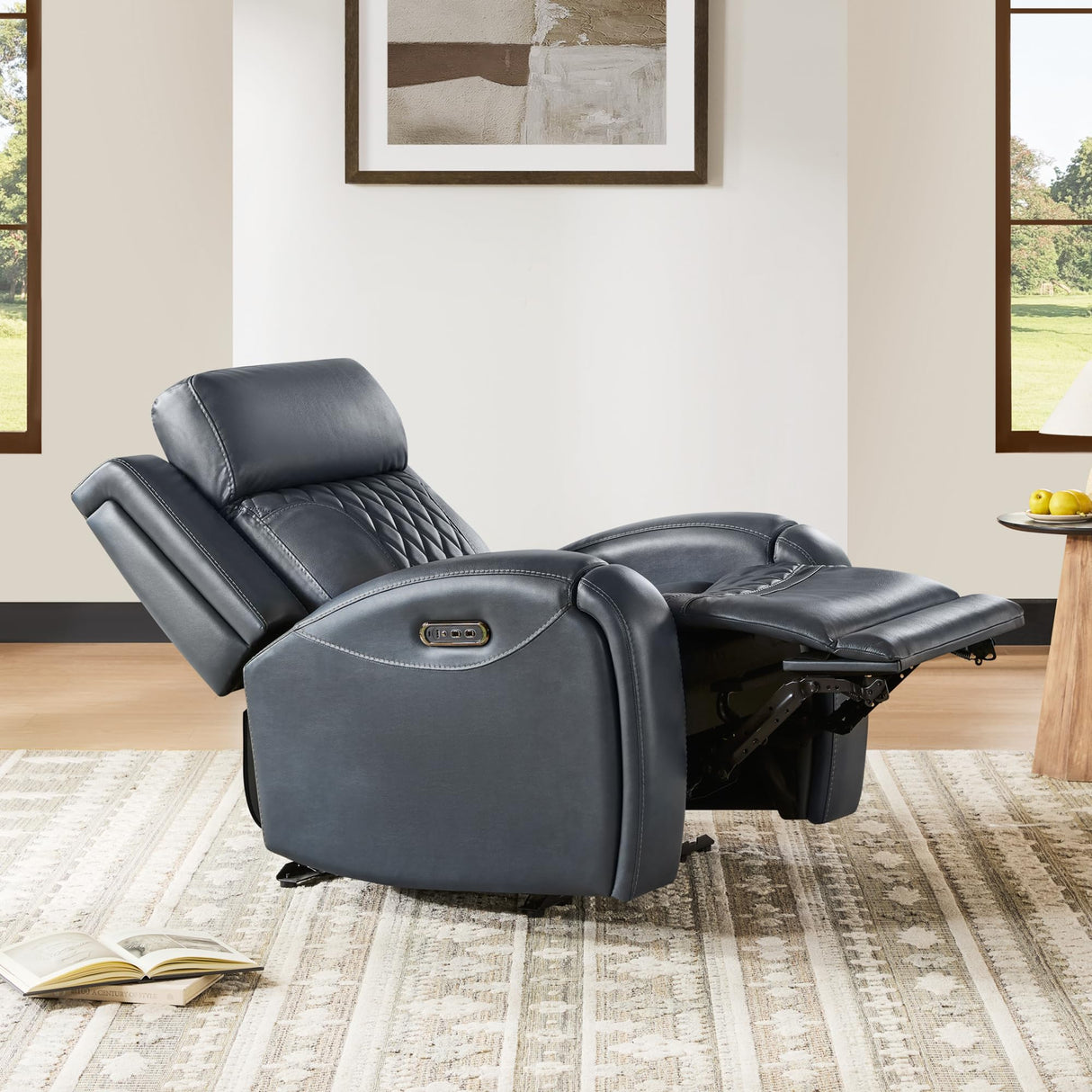 CHITA Genuine Leather Recliner Chair for Adults with Adjustable Power Headrest, Lay Flat Power Recliner with Slide-Out Cupholders & USB/Type-C Ports, Living Room Chair, Navy Blue CHITA