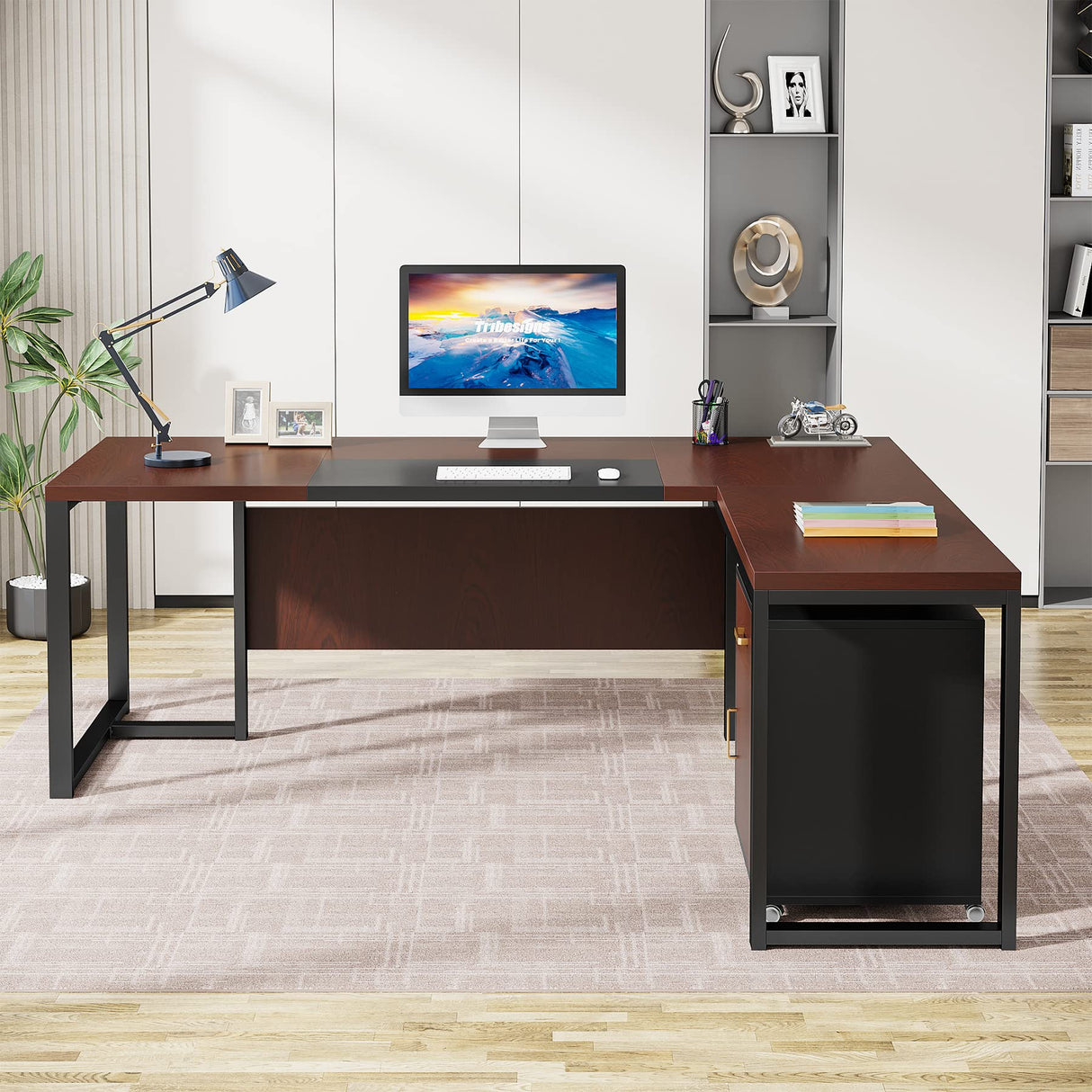 Tribesigns 70.8-Inch Executive Desk with File Cabinet, Large L Shaped Computer Desk with Storage Cabinet, L Shaped Desk with Drawer Cabinet, Dark Walnut & Black Tribesigns