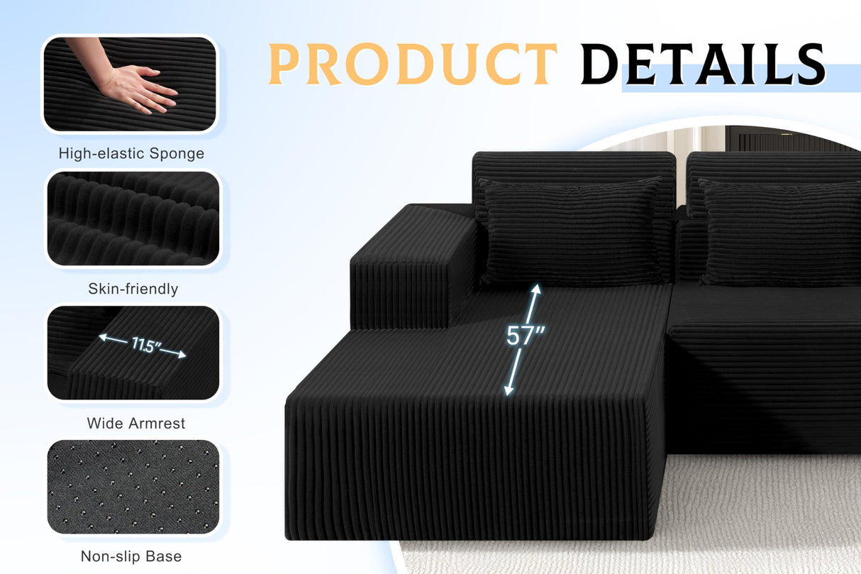 Modular Sectional Couches for Living Room,105" Cloud Couch with L-Shape Chaise,Comfy Sofa Living Room Sofas with Deep Seat,No Assembly L Couch,Corduroy Fabric(Black,L) Homguava