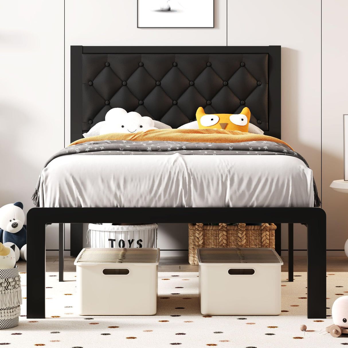 Fluest Twin Bed Frame with Headboard PU Leather Upholstered Bed Frame Platform,All Metal Slats Support Platform Bed Frame with Storage Space,Easy Assembly,Noise Free,No Box Spring Needed,Black Fluest