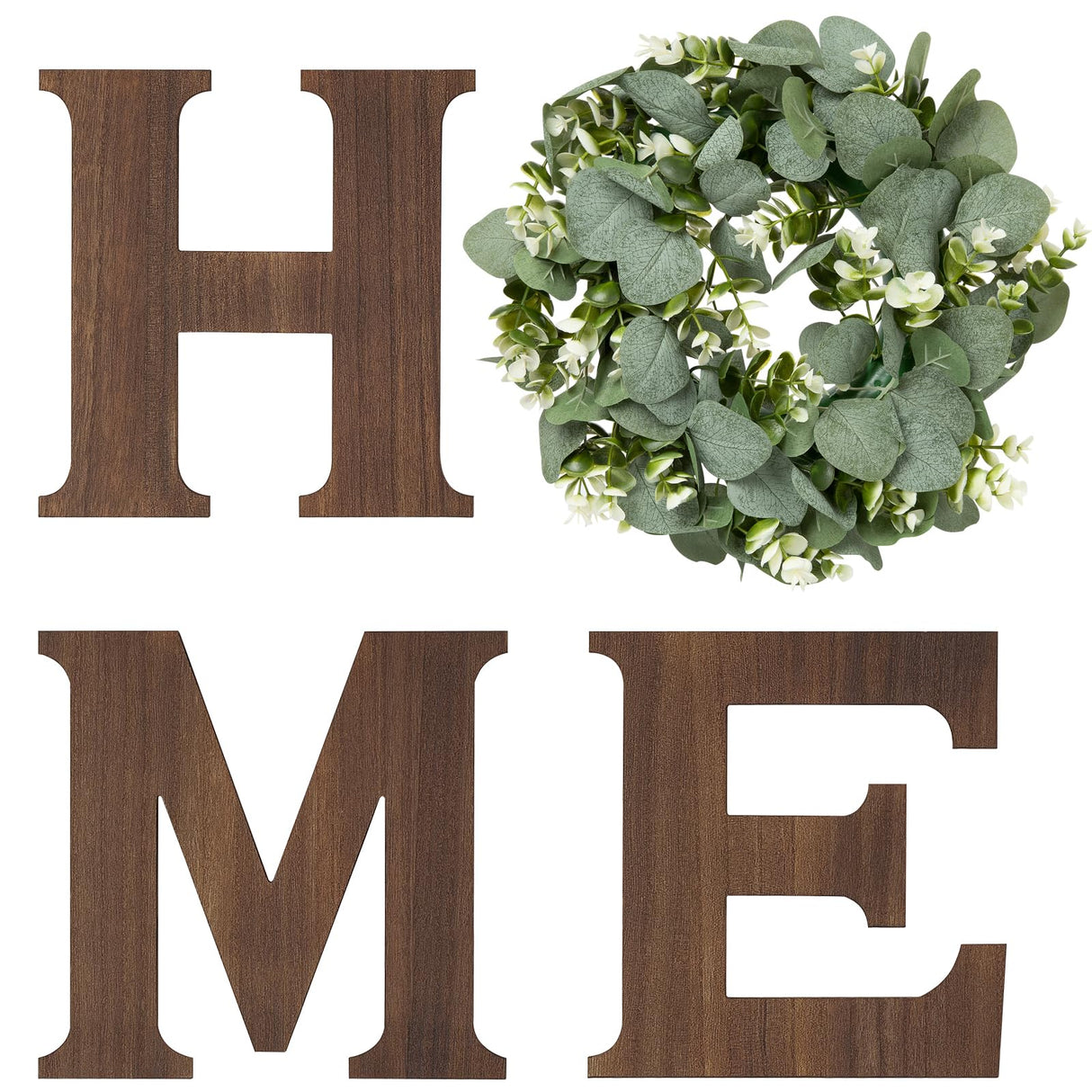 Mkono Farmhouse Wall Home Sign with Artificial Eucalyptus for O Rustic Wooden Hanging Letters Decorative Wall Art Decor for Living Room Kitchen Entryway Housewarming Gift, Brown Mkono