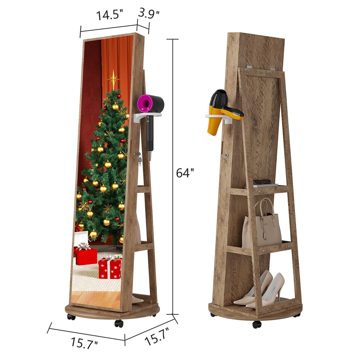 HNEBC 360° Swivel Jewelry Armoire with Mirror, LED Mirror Jewelry Cabinet Standing, Full Length Mirror with Jewelry Storage, Standing Jewelry Organizer/Lockable Wheels/Foldable Makeup Shelf (Wood) HNEBC