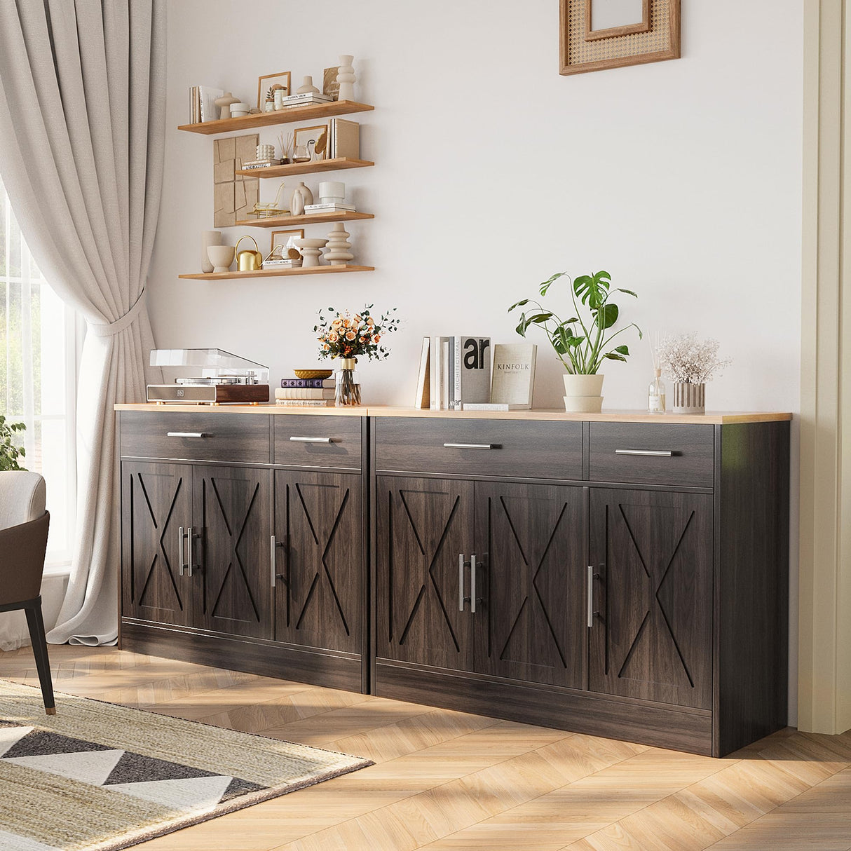 Shintenchi Modern Farmhouse Sideboard Buffet Cabinet,Barn Doors Buffet Cabinet with 2 Drawers & 3 Doors,Wood Coffee Bar Cabinet with Adjustable Shelf for Kitchen Living Room,Brown Shintenchi