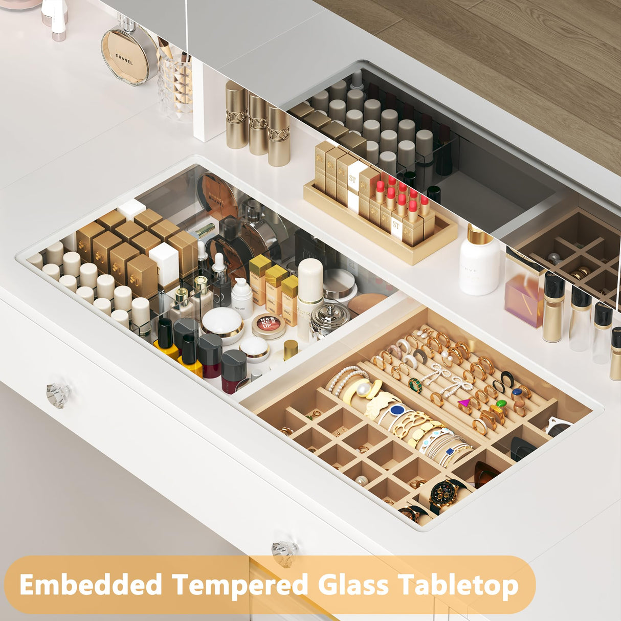 Vanity Desk with Mirror and Lights, 50" Makeup Vanity with Glass Top & Power Outlet, White Vanity with 11 Drawers & 8 Hidden Storage Shelves, 3 LED Lighting Modes Adjustable for Bedroom HUAHUU