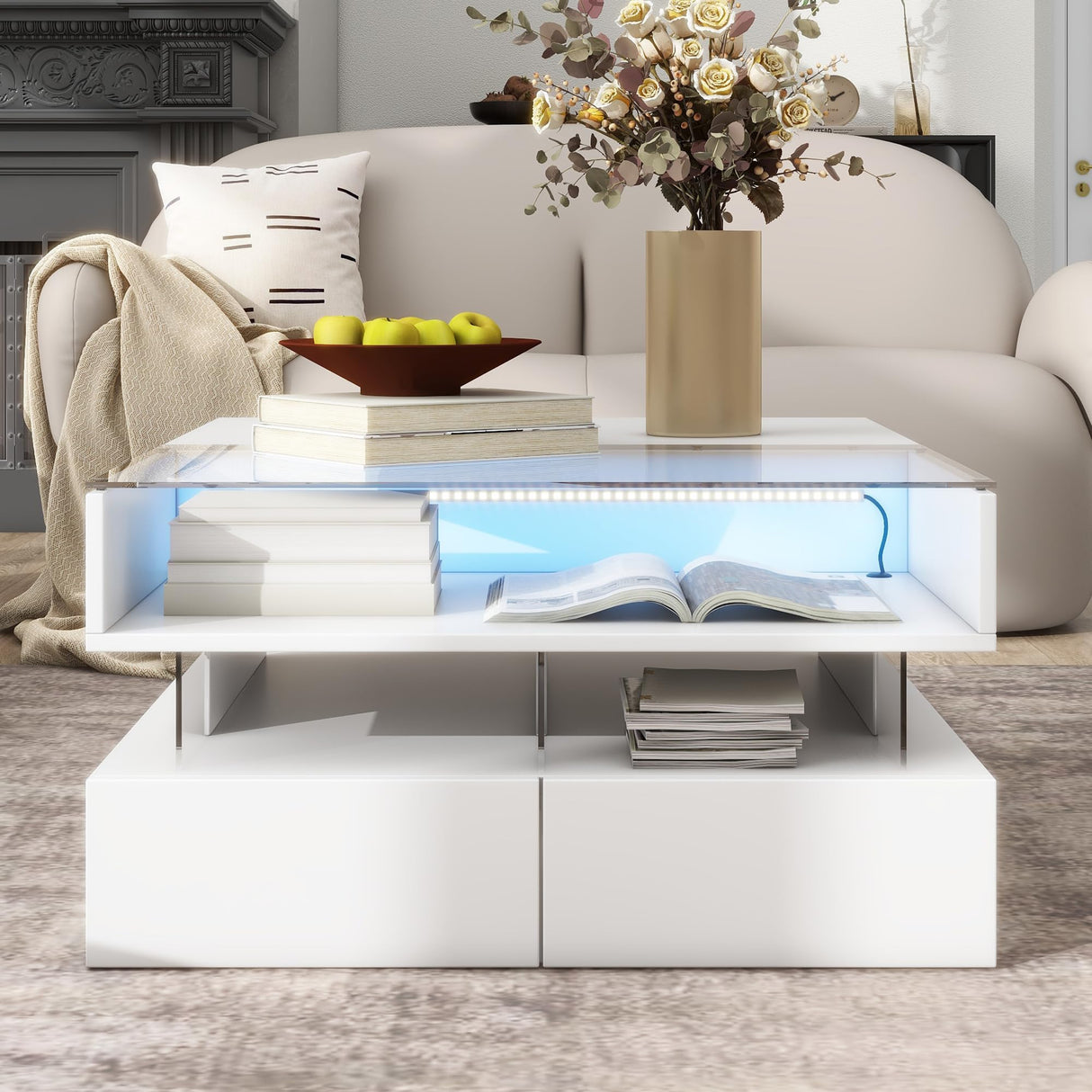 Lift-Top Coffee Table with 2 Drawers, LED Lights Square Coffee Table with Glass Top and High-Gloss Finish, Hidden Space for Living Room, Party, Office, Reception (White-@R) Tdewlye