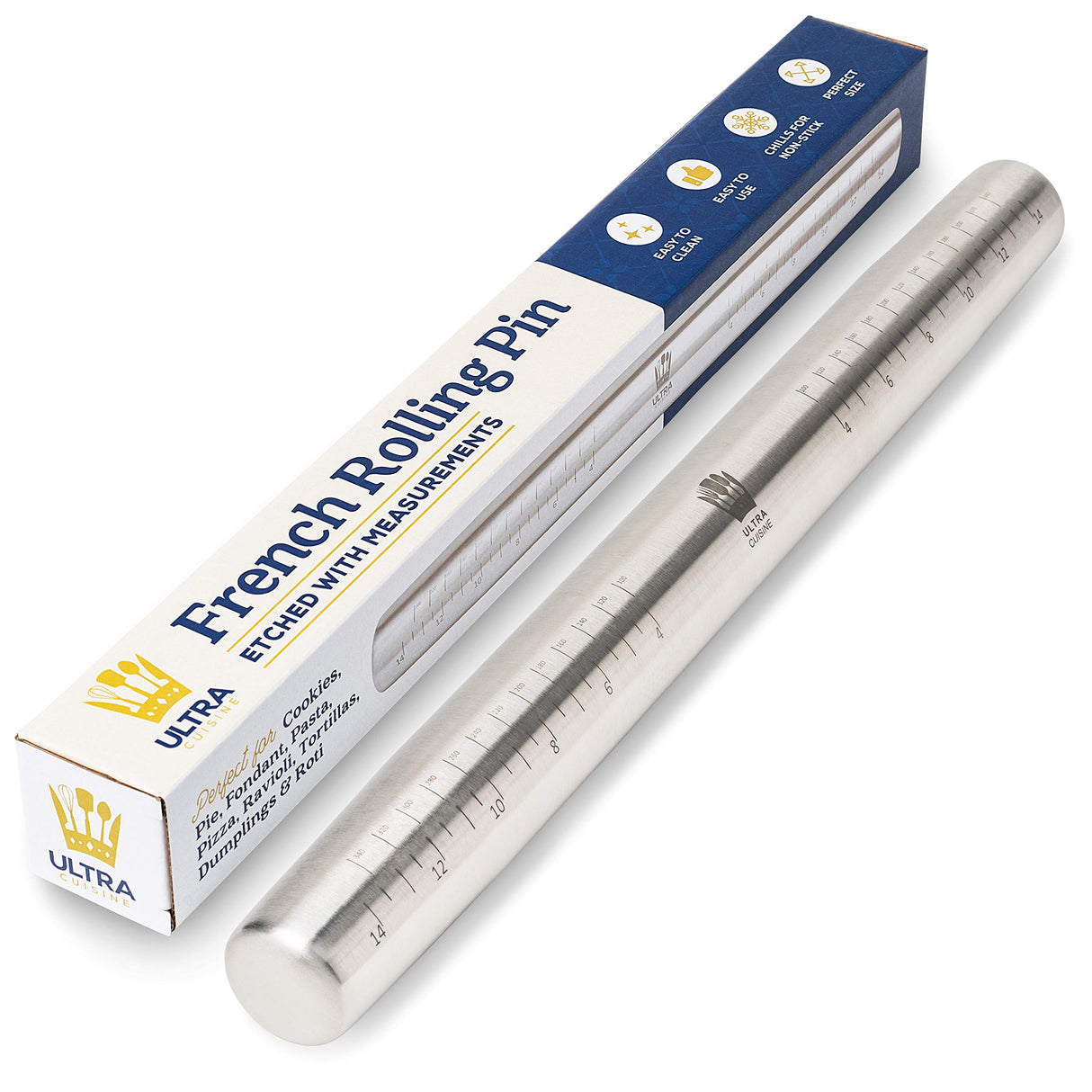 Ultra Cuisine French Rolling Pin for Baking – Tapered Stainless Steel Design with Measurements, Professional or Home Use with Pizza, Cookie, & Pastry Dough, or Fondant and Pie Crust – Dishwasher-Safe Ultra Cuisine