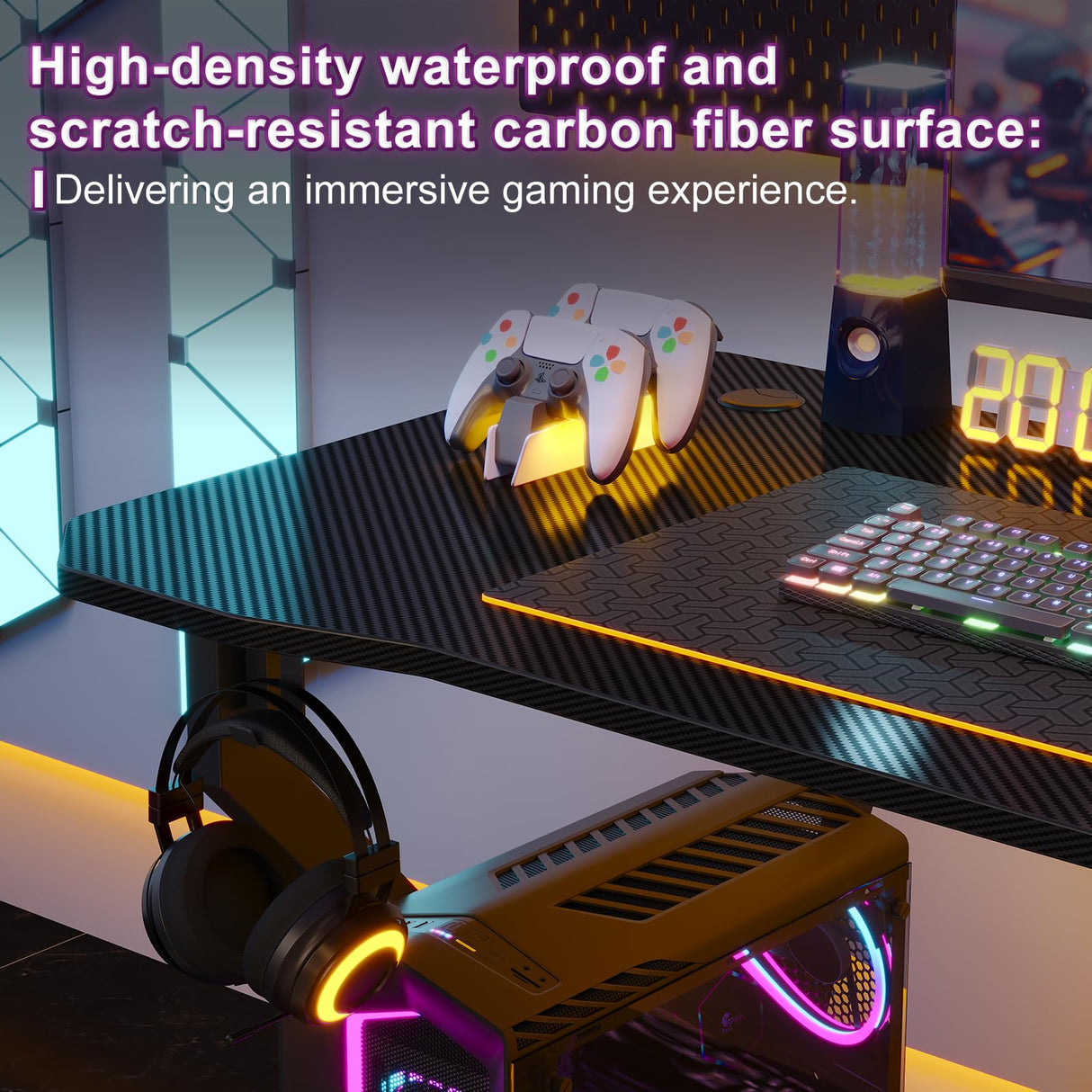 Grandder Gaming Desk Z Shaped 40 Inch Gamer Workstation, Home Computer Carbon Fiber Surface Gaming Desk PC Table with Headphone Hook, Carbon Fiber Black Grandder