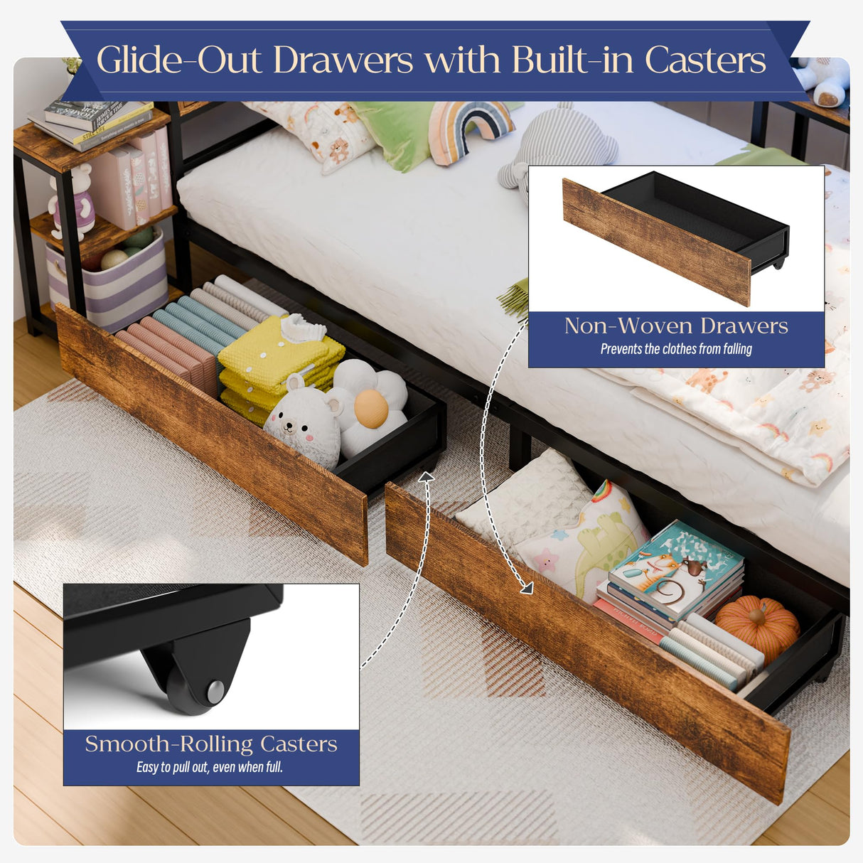 MU Twin Corner Bed Frame with Storage Bookcase and Headboard, Metal Daybed with LED Lights, Charging Station, Shelves and Drawers for Living Room, Bedroom & Guest Room, Rusic Brown MU