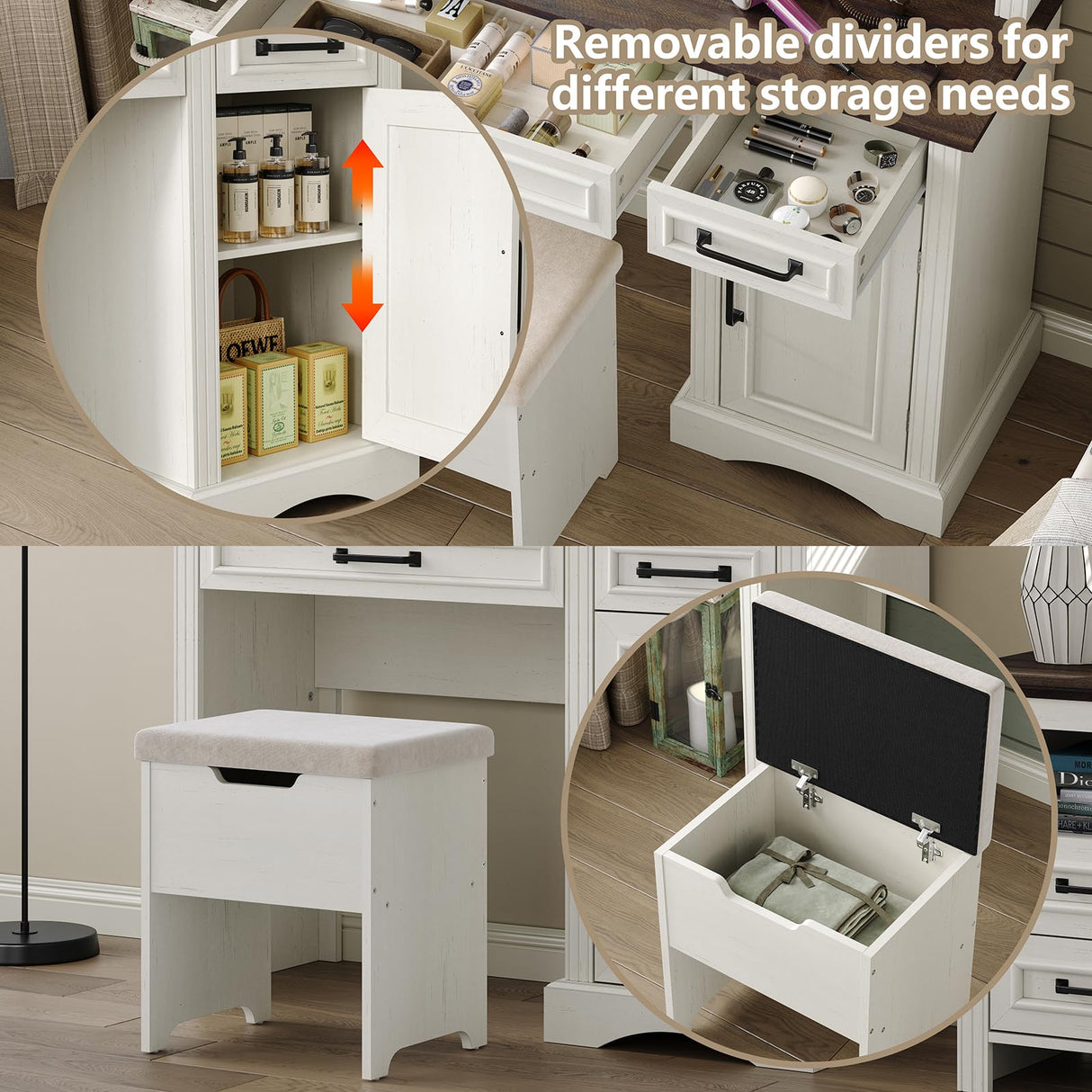 Diwnnue Farmhouse Vanity Makeup Desk, 43" W Vanity Desk with Lights Mirror and Drawers for Makeup, Big Modern Vanity Table Set with Vanity Stool for Bedroom, Antique White Diwnnue