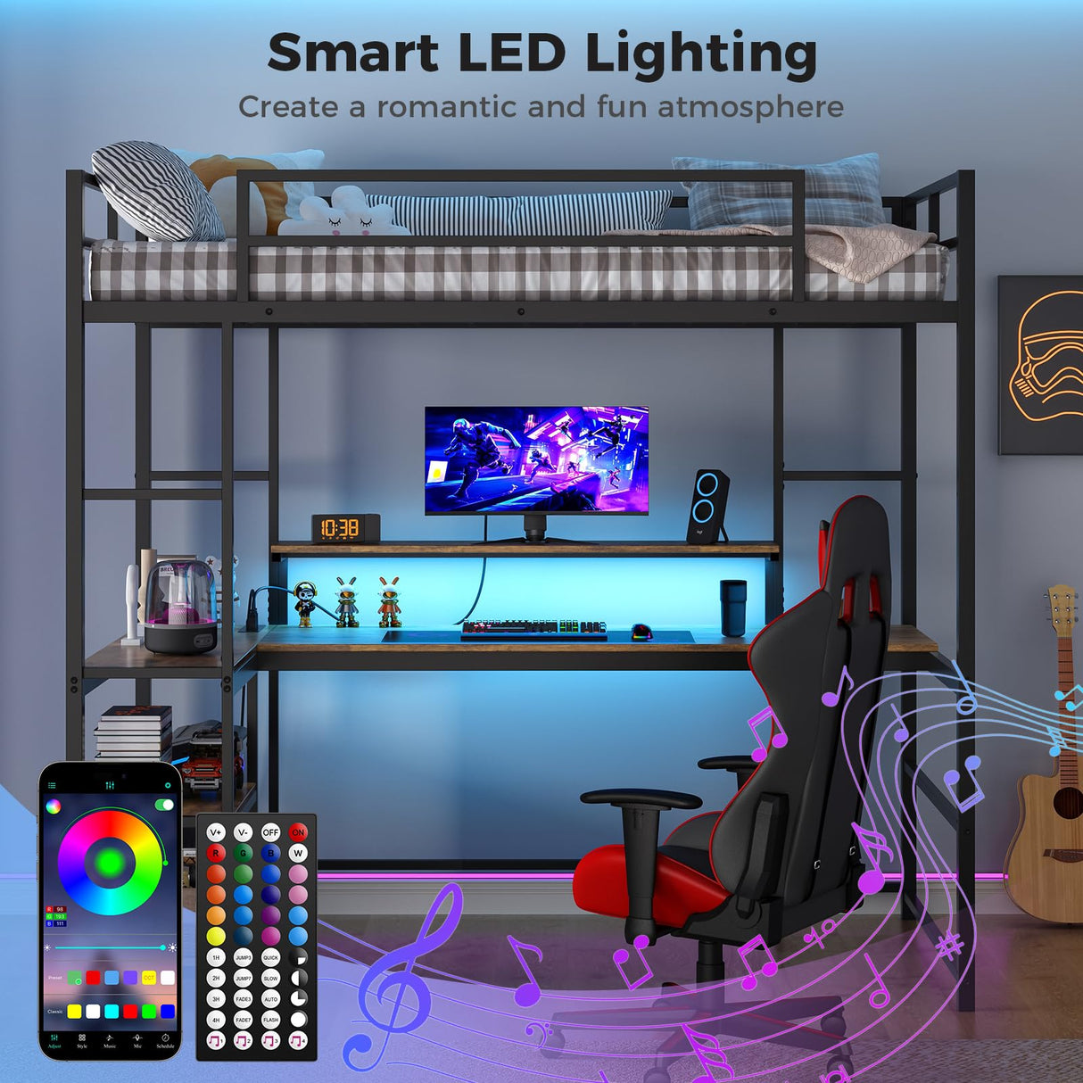 Tatub Twin Loft Bed with Large Desk and LED Lights, Metal Loft Bed Frame with Ladder, Storage Shelves and Adjustable Monitor Stand, Space-Saving Bed for Teens, Kids, Adults, Black Tatub