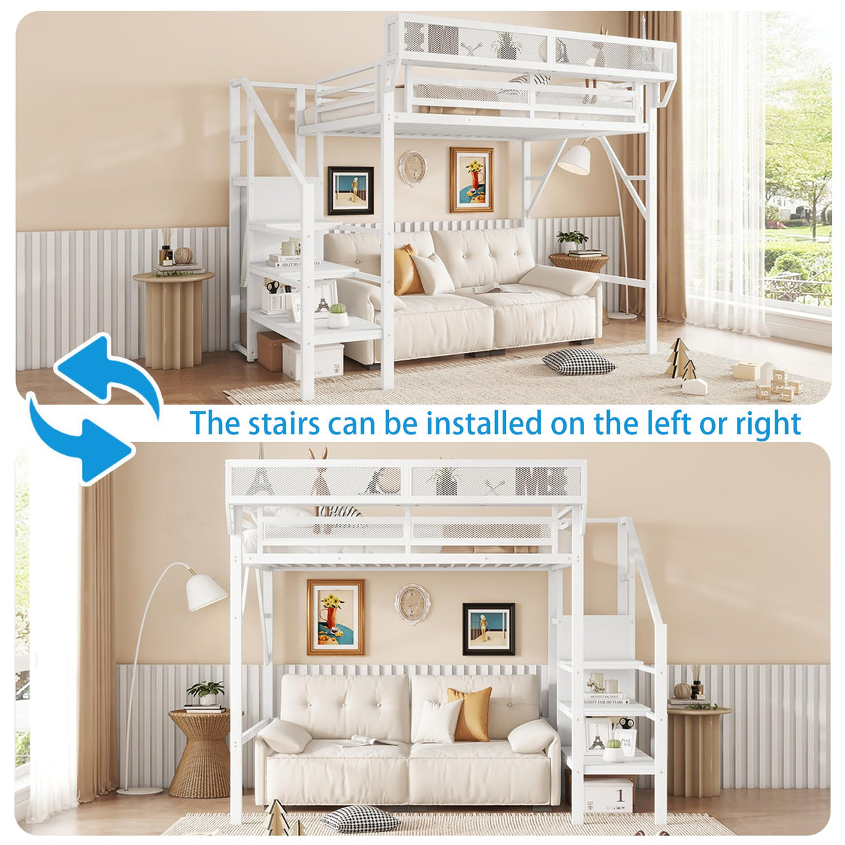 MoproBeti Twin Size Loft Bed with Stairs, Metal Loft Beds Twin with Storage Shelves, Adults Loft Bed with Wardrobe, Heavy Duty High Lofted Bed for Kids Teens,White + White Stair MoproBeti