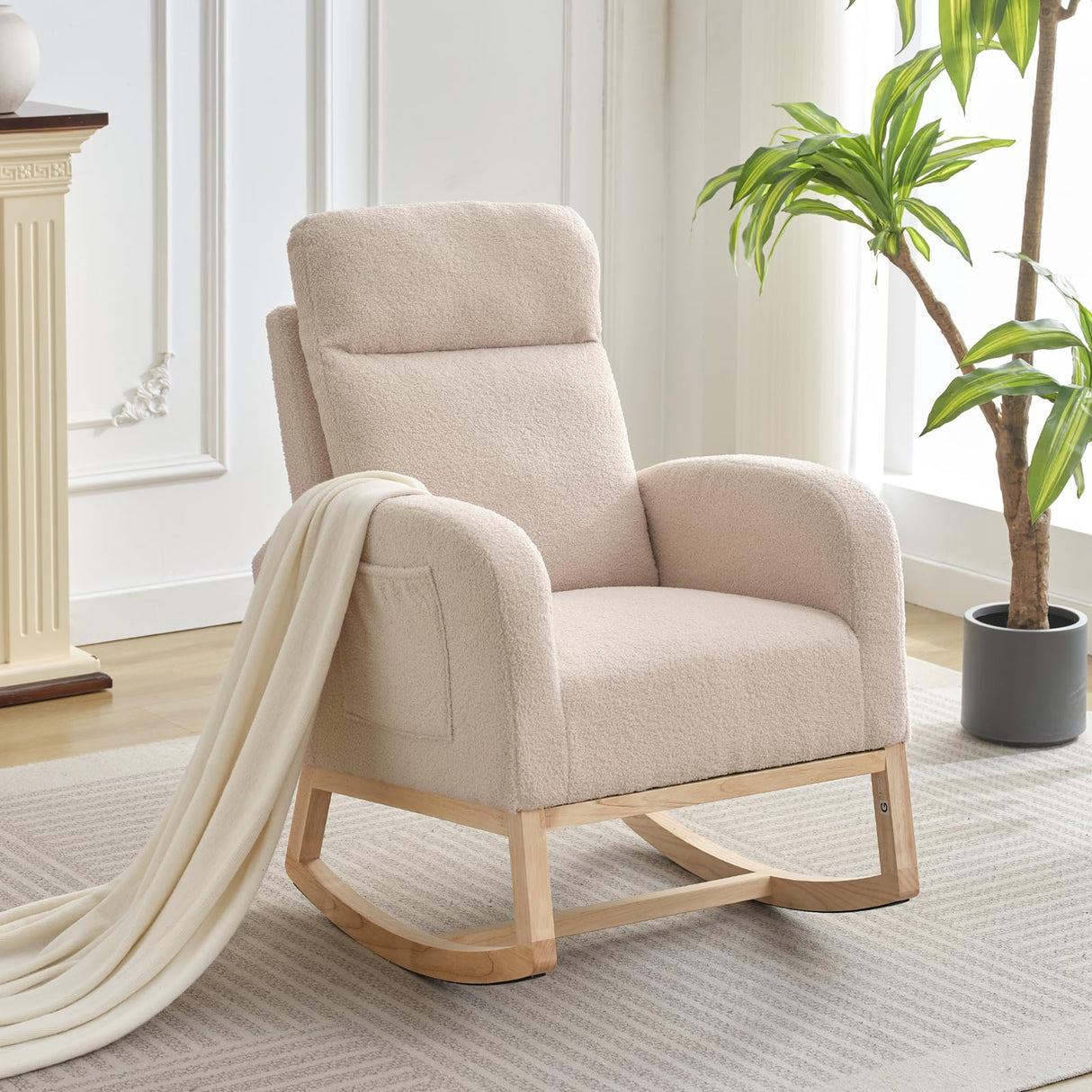 PeacefulHues Upholstered Rocking Chair, Glider Chair Nursery Chair with High Back and Side Pocket, Rocking Accent Armchair with Rubber Wood Legs for Living Room/Bedroom/Nursery PeacefulHues