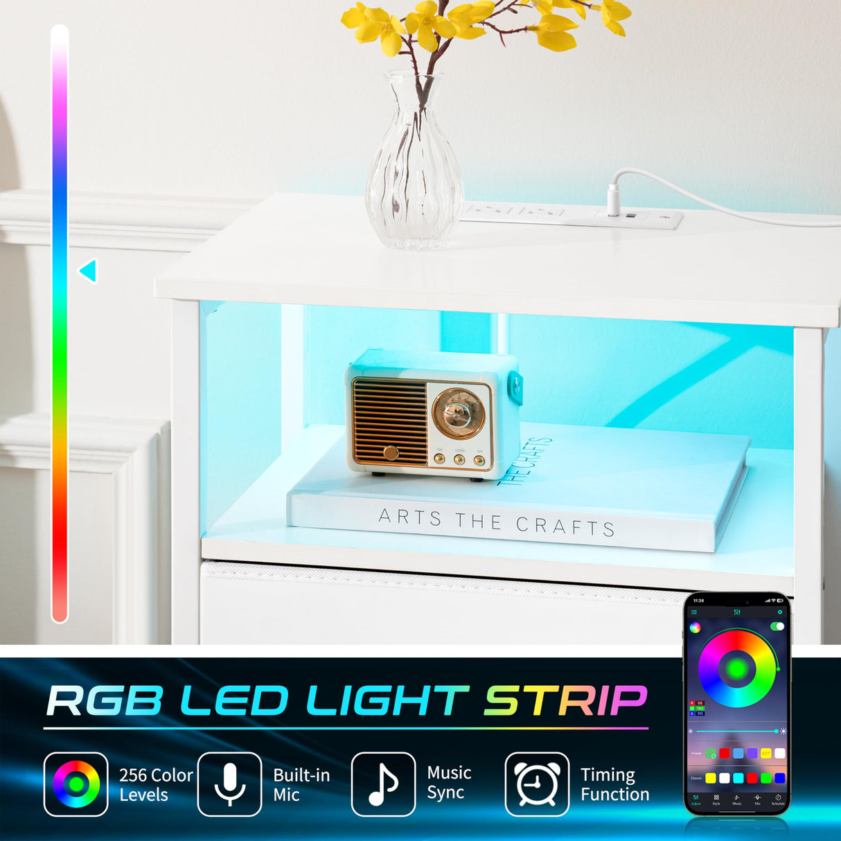 Yoobure 5 Drawers Dresser for Bedroom, Tall Nightstand with Charging Station, Fabric Dresser for Closet with Storage Shelf, Vertical Dressers Chest LED Night Stand, Bedside Table for Dorm Living Room Yoobure