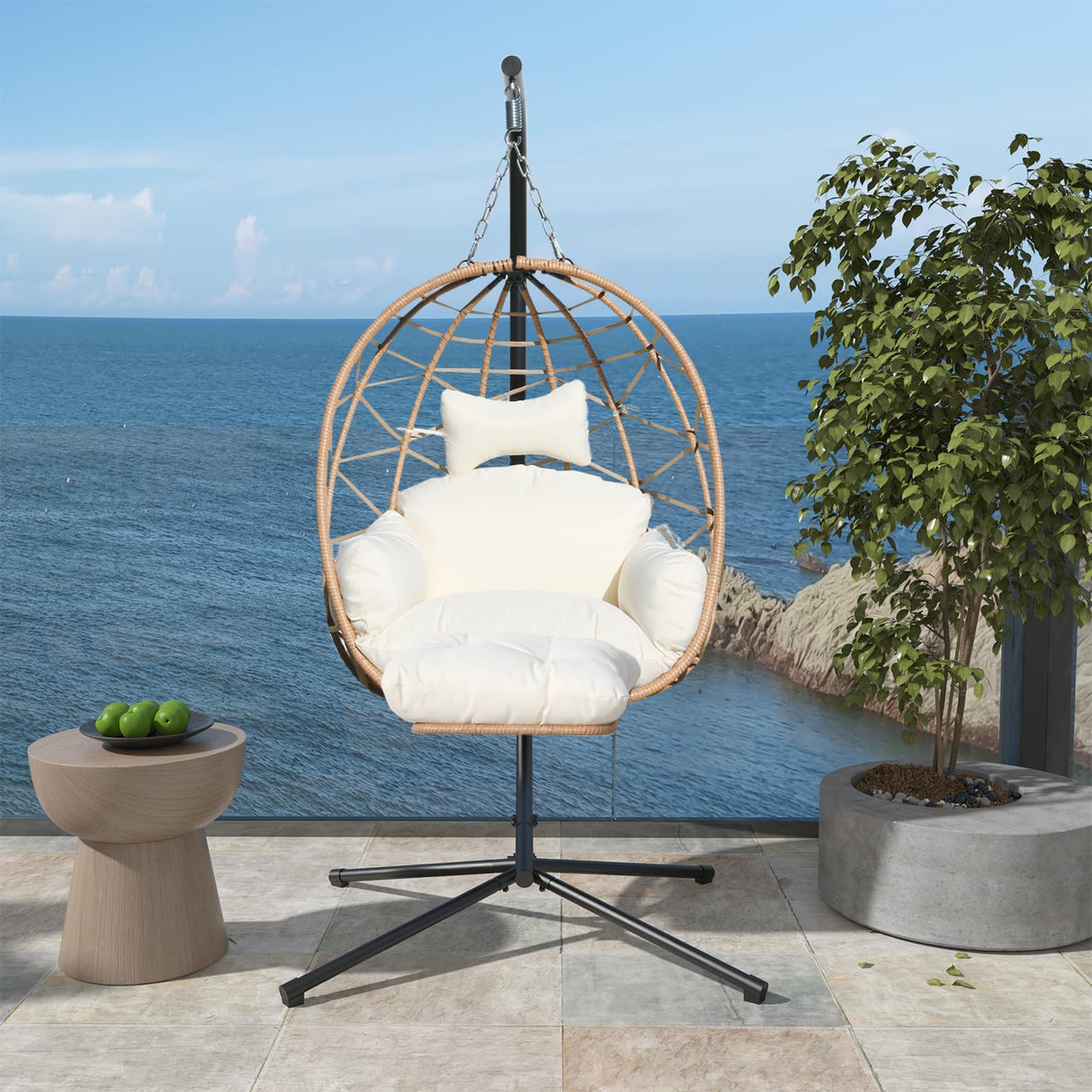 Jadoxy Hanging Egg Chair with Leg Stand, Indoor/Outdoor Swing Egg Chair Hammock Basket Seat Chair with Cushion for Porch Balcony Garden Patio (Ribbon+Rattan, Yellow+White) Jadoxy