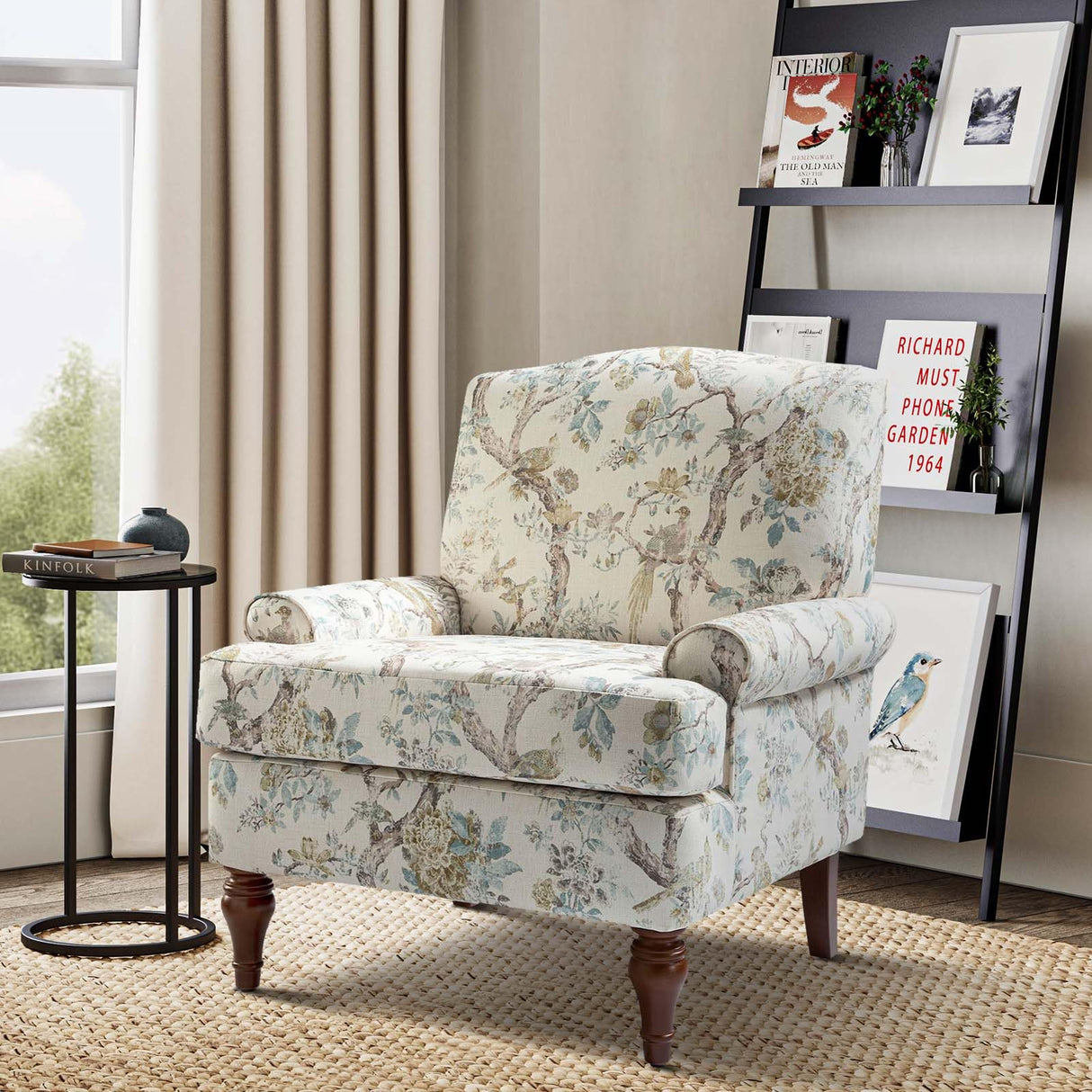 HULALA HOME Accent Chair with Solid Legs & Removable Cushion, Farmhouse Floral Comfy Upholstered Armchair, Leisure Single Sofa Chair for Living Room Bedroom HULALA HOME
