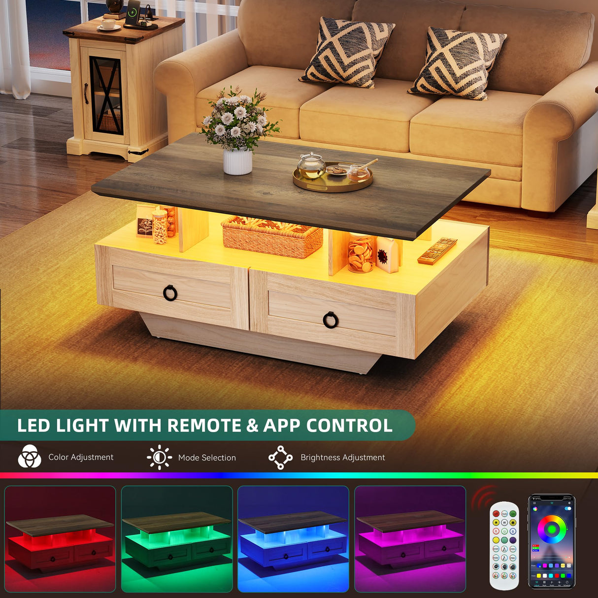 YITAHOME Farmhouse LED Coffee Table with Storage 4 Drawers, Wood Coffee Tables for Living Room, 2 Tiers Open Display Area with Metal Chic Handles, Industrial Cocktail Center Table, Brown and Oak YITAHOME
