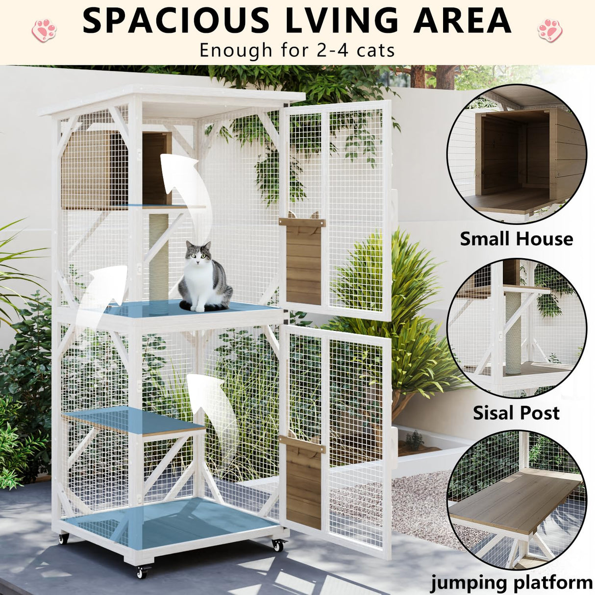 LEMBERI Cat House Outdoor Catio Cat Enclosures on Wheels, 71" Large Outside Patio Wooden Cat Cage Resting Box,Scratching Post, Waterproof Roof (White, 71") LEMBERI