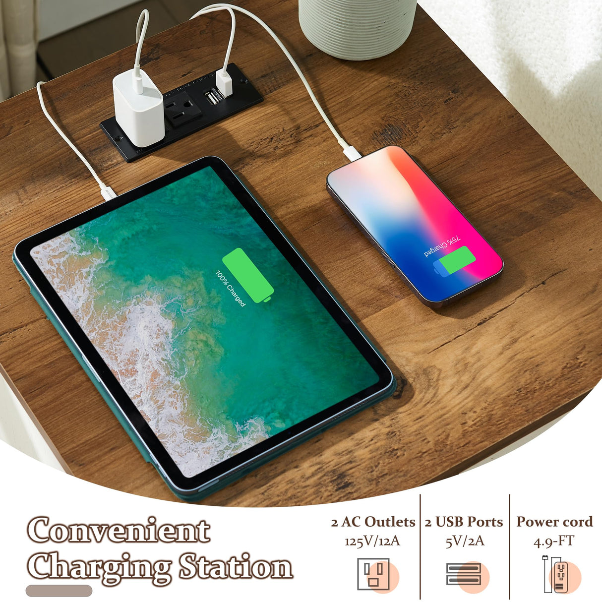 T4TREAM Nightstand with Charging Station, End Table, Side Table with 2 Drawers Storage Cabinet for Bedroom, Living Room, Farmhouse Design, Wood Rustic, Antique White T4TREAM