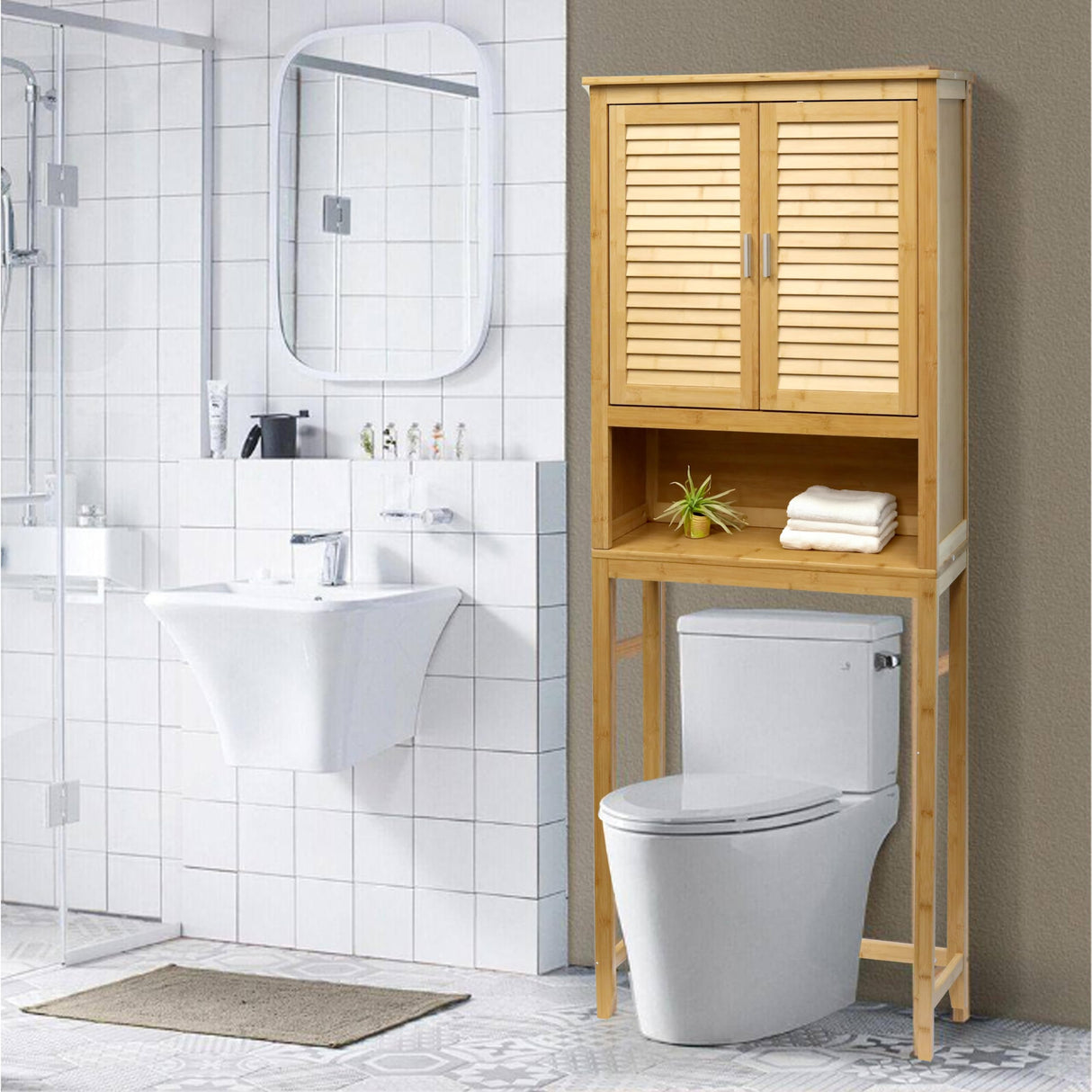 RoyalHouse Bamboo Over The Toilet Storage Cabinet with Bottom Shelf, Free Standing Storage Cabinet, Perfect Bathroom Space Saver with Double Door Organizer RoyalHouse