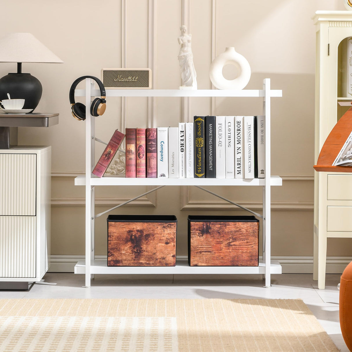 HCHQHS Bookshelf, 3-Tier Industrial Bookcase, White Open Book Shelf, Freestanding Horizontal Bookshelves with Metal Frame HCHQHS