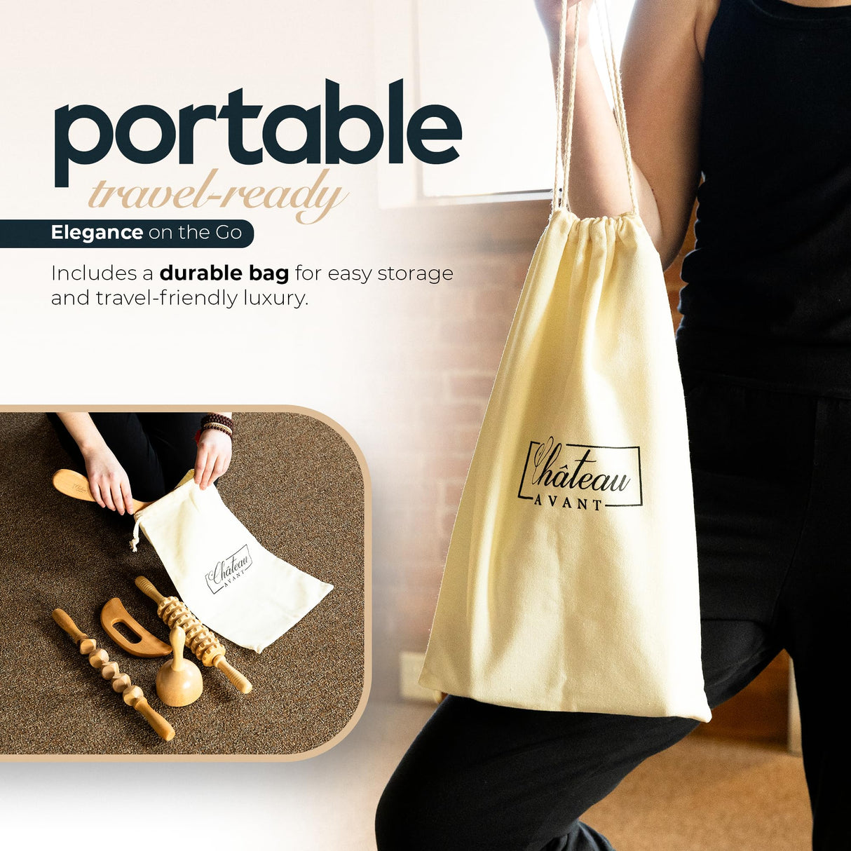 Château Avant Luxury Wooden Massage Tool Set, 5-Piece Lymphatic Drainage & Sculpting Kit – Cupper, Roller, Contouring Board, Scraper & Rope Roller Chateau Avant