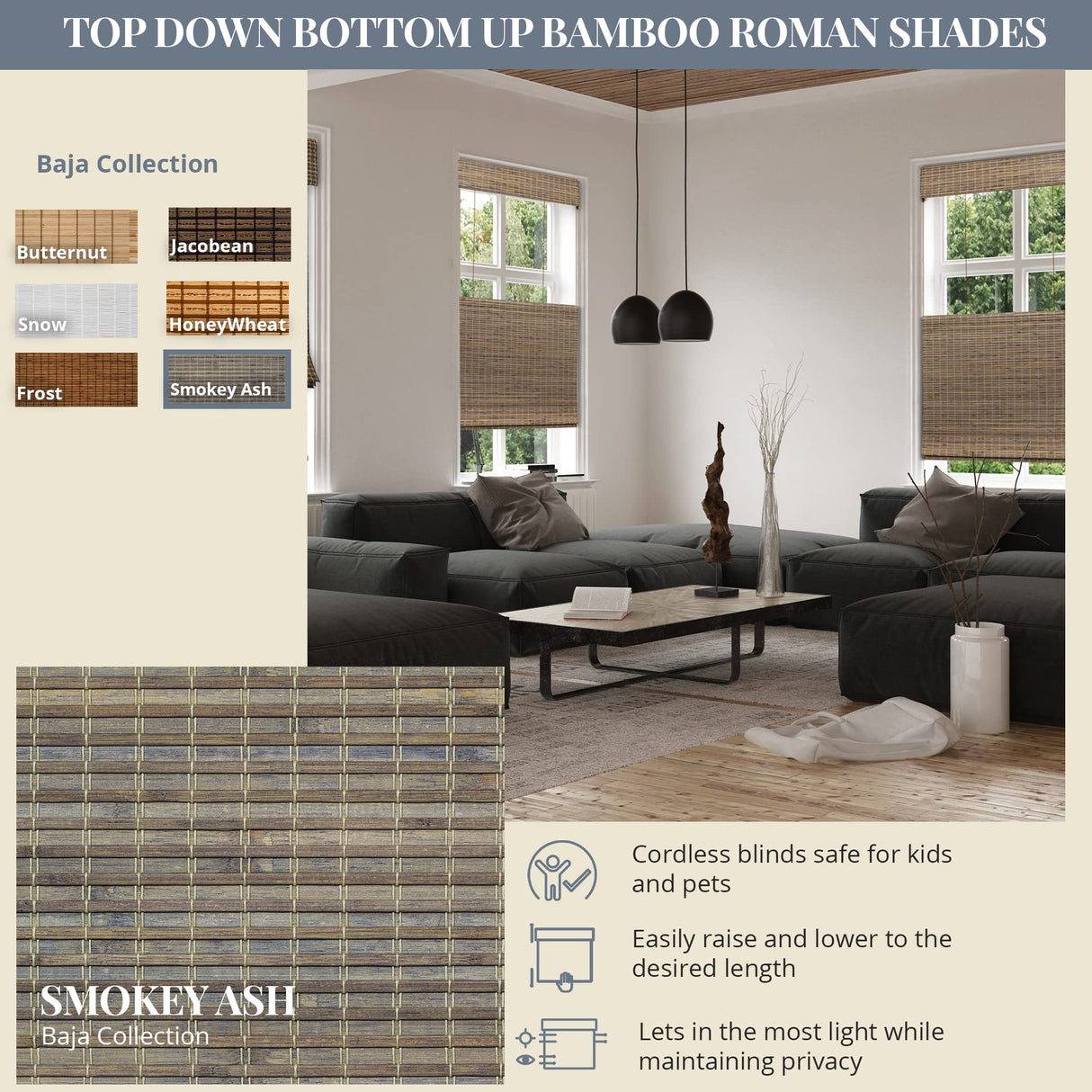 CHICOLOGY Top Down Bottom Up Cordless Bamboo Blinds, Bamboo Blinds, Roman Window Shade, Window Shade Roman, Patio Blinds and Shades, Porch Shades Outdoor Roll Up, Smokey Ash, 34" W X 64" H CHICOLOGY