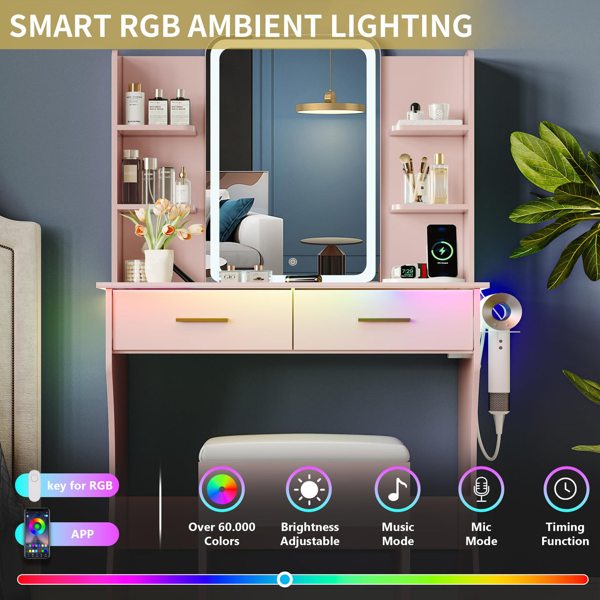 Vanity Desk with LED Lights Mirror & Power Outlet, Small Makeup Vanity Table Set with Storage Drawers & Chair, 3 Lighting Modes & Adjustable Brightness, Dressing Table for Women Girls Bedroom, Pink Xixini