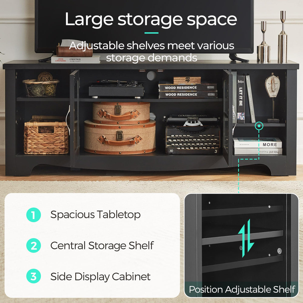 LINSY HOME Farmhouse TV Stand for 65 Inch TV, Wood Entertainment Center with Glass Door Storage Cabinet & Adjustable Shelves, Sturdy TV Console Table for Living Room Bedroom, Black LINSY HOME