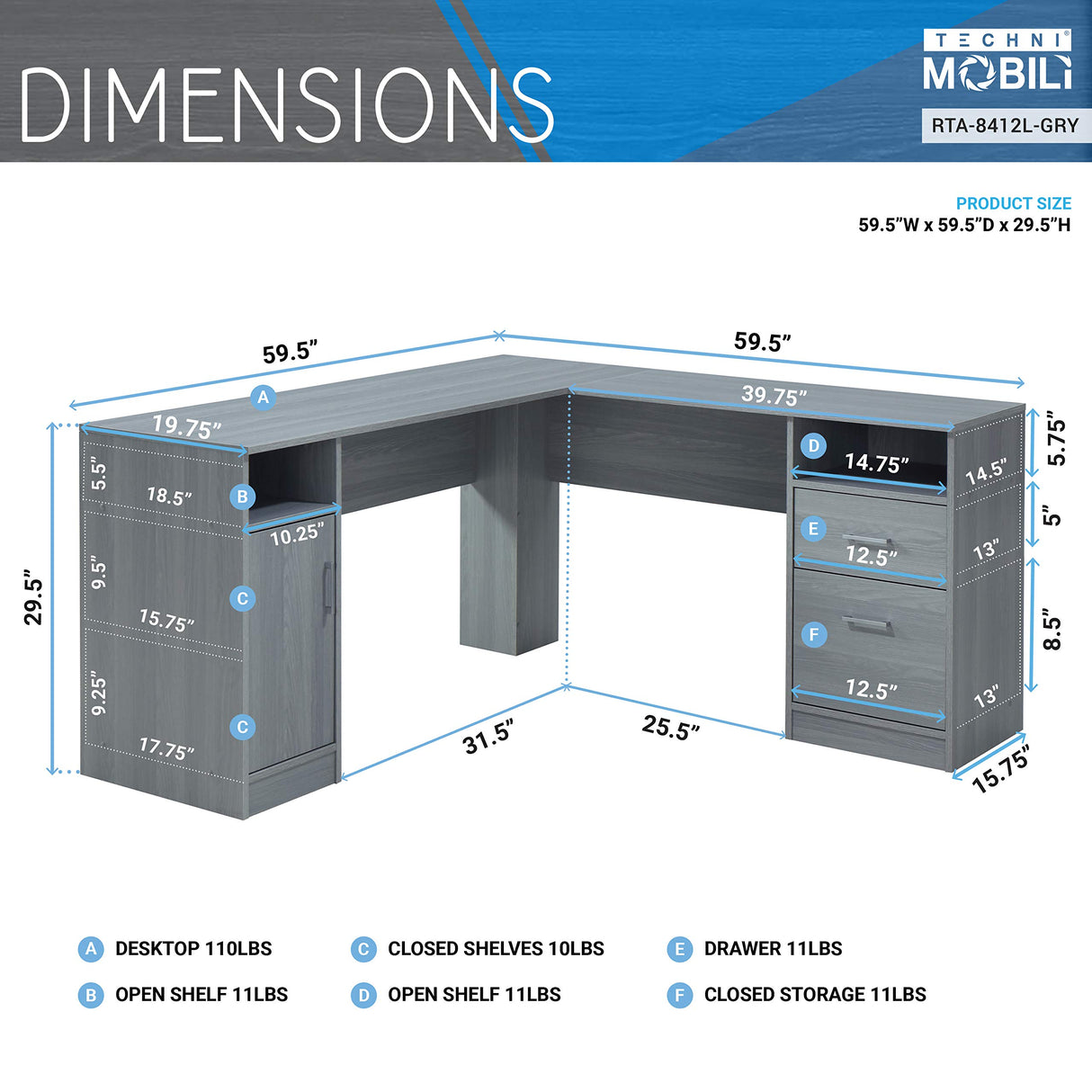 Techni Mobili Functional L-Shaped Computer Desk with storage, L is 59.5" wide x 59.5" Long, Grey Techni Mobili