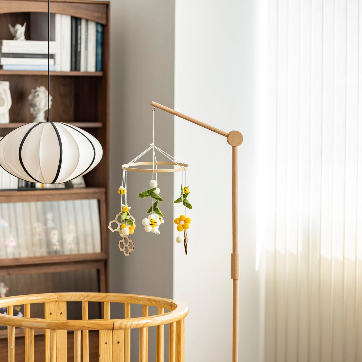 Lanttoe Crib Mobile Arm Wooden Floorstanding - 61 Inches Mobile Arm for Crib|Movable Baby Mobile Hanger|Strong Anti-Dumping Attachment|100% Natural EU Beech Wood|Thicker Wooden Pole|Boho Nursery Decor Lanttoe