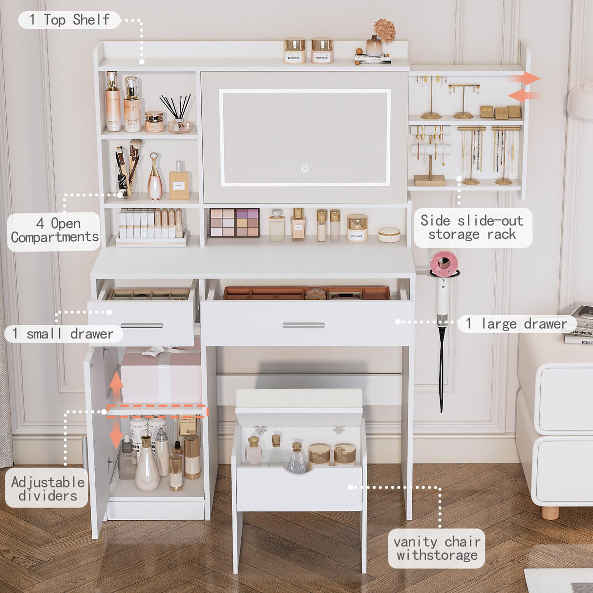 Viaozutis Vanity Desk with Mirror and Lights, with Hidden Shelves,4 Compartments,2 Drawers,Cabinet & Stool,Dimmable LED Lights,Power Outlets, Ideal for Bedroom Vanity Organization(White) Viaozutis