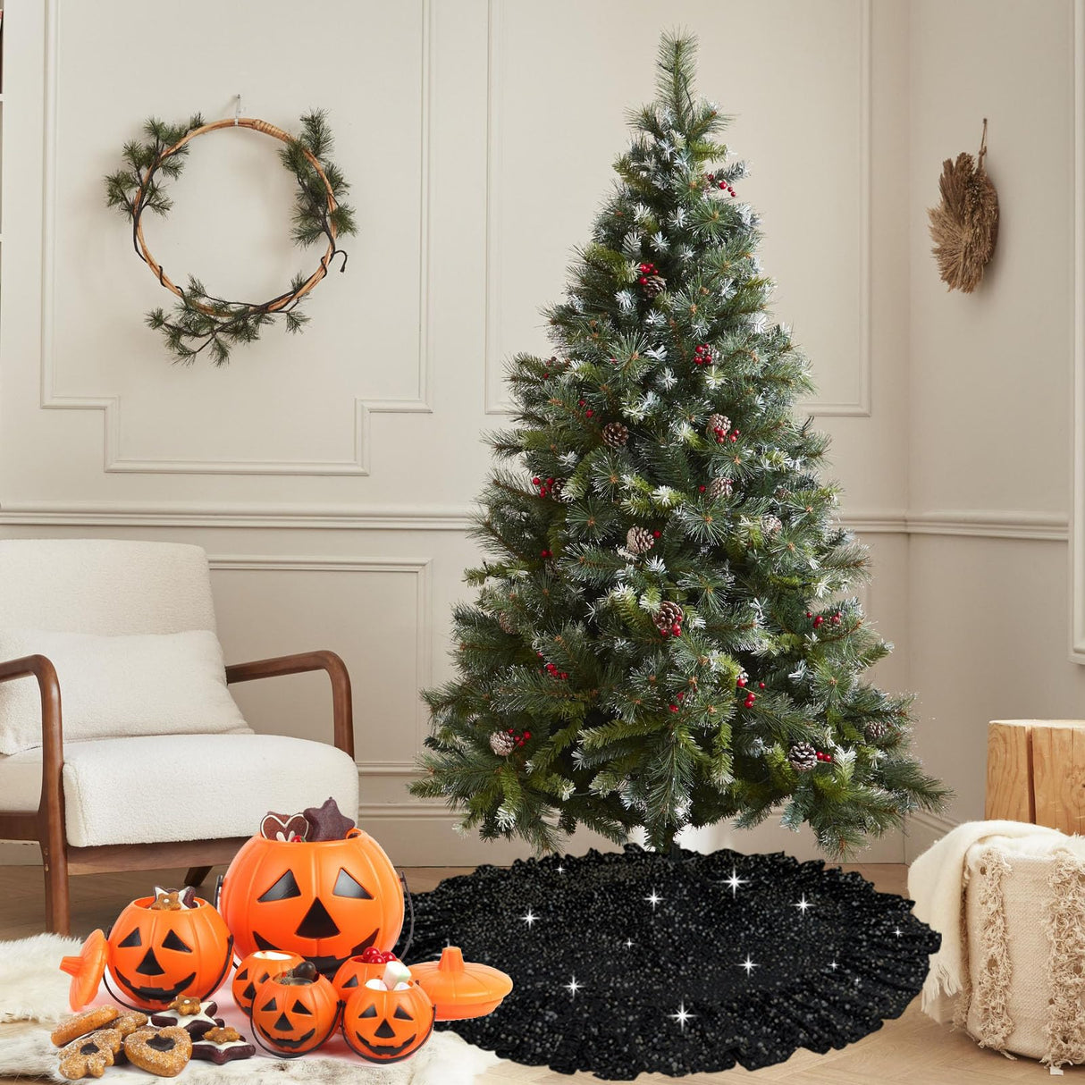 Glissora Black Christmas Tree Skirt 45 Inch Sequin Ruffle Tree Skirts Night Mare Before Christmas Tree Skirt for Halloween Tree Floor Mat Velvet Ruffled Tree Skiet for Pencil Tree Xmas Holiday Decor Glissora