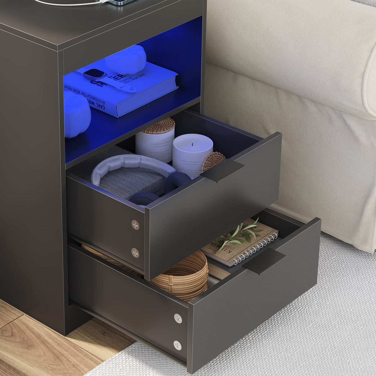 Tiptiper Black Nightstand with Wireless Charging Station and LED Lights, Bedside Table with 2 Drawers, Open Storage, 1 Pull-Out Tray, End Side Table with Charging Station, LED Night Stand with Storage Tiptiper