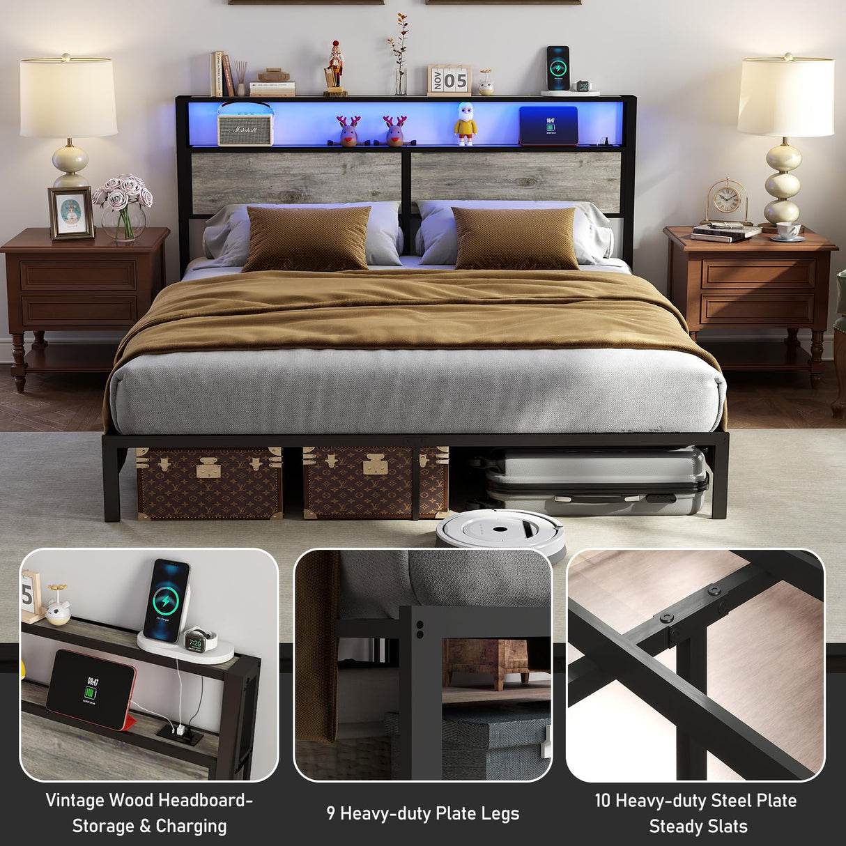 King Size Bed Frame with Headboard, Metal Platform Bed Frame with LED Lights & Charging Station, Under Bed Storage, Solid and Stable, No Box Spring Needed, Noise Free, Easy Assembly, Rustic Grey RVONOW