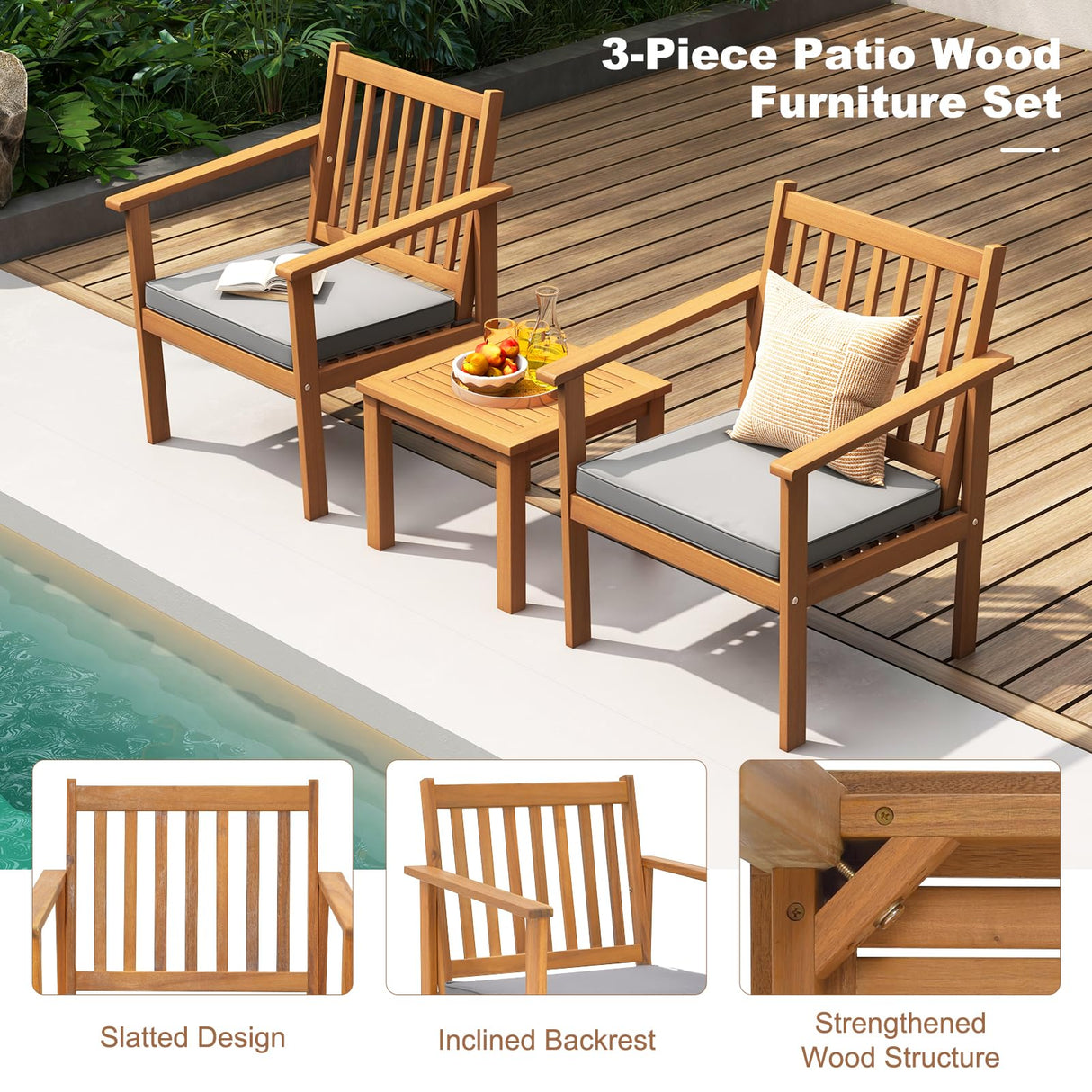 Tangkula 3 Pieces Patio Wood Furniture Set, Acacia Wood Chairs and Coffee Table Set with Soft Cushions, Slatted Design, Outdoor Furniture Set for Porch, Yard, Balcony (Grey) Tangkula