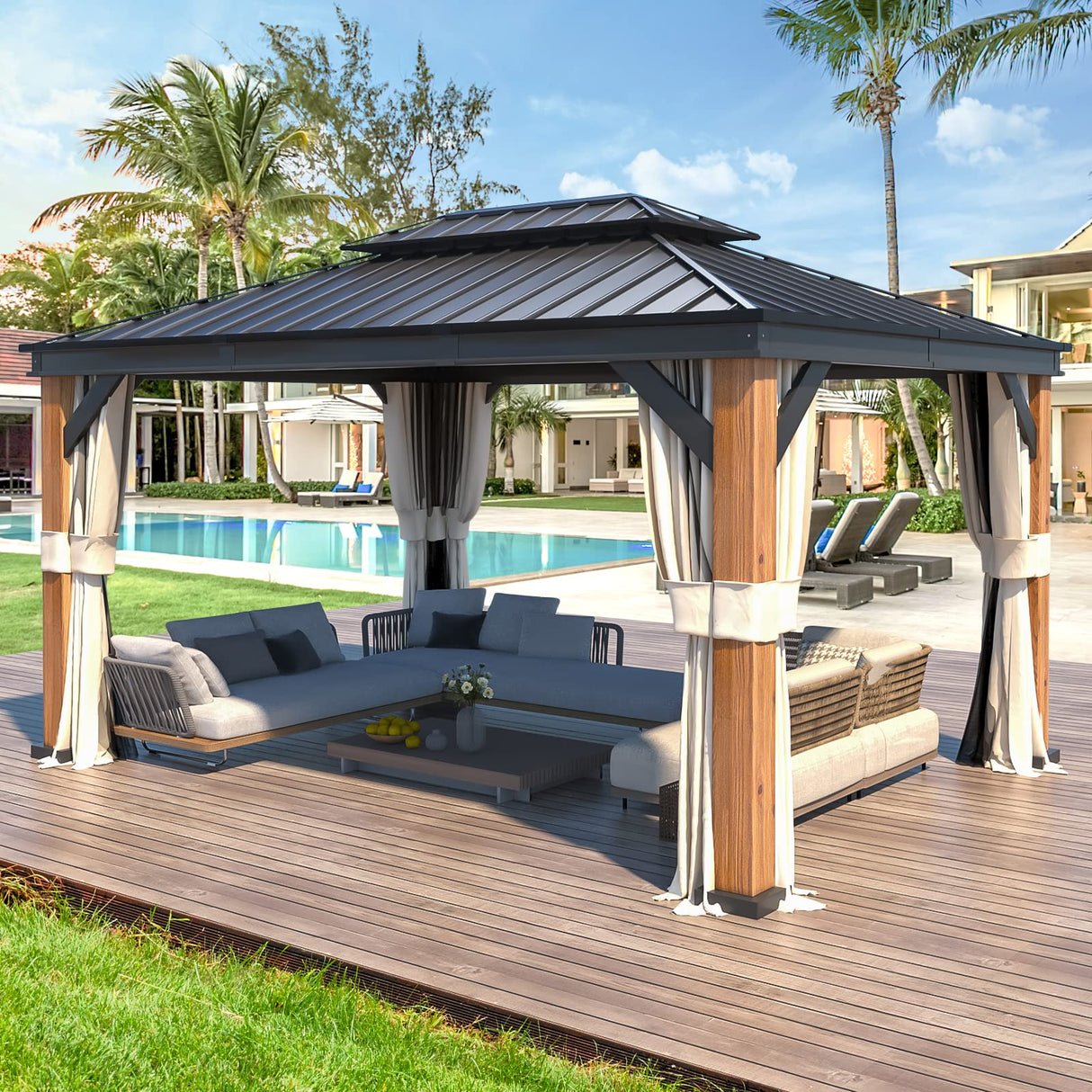 YOLENY 12'x16' Ultra-Thick Faux Wood Grain Aluminum Frame Hardtop Gazebo, Vertical Stripe Galvanized Steel Double Roof, Outdoor Patio Gazebo Pergolas with Netting and Curtains YOLENY